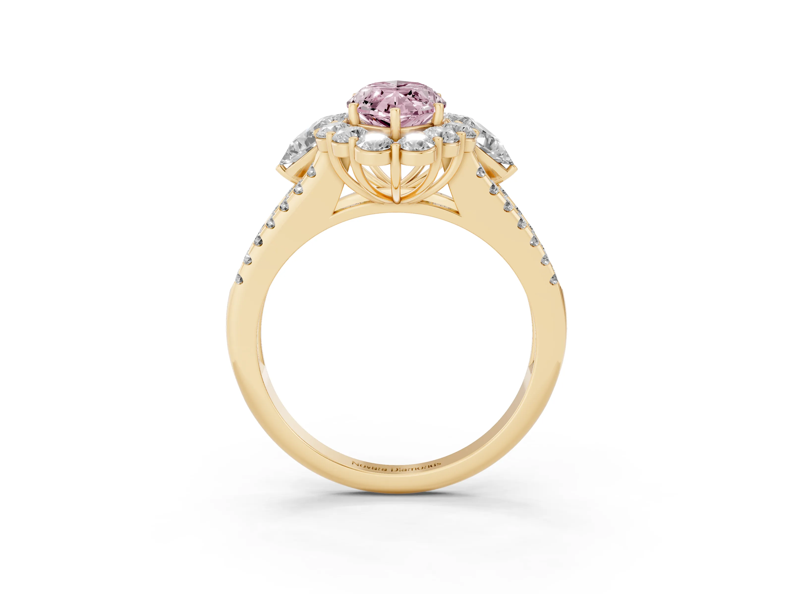 Fancy Pink Marquise Cut Diamond Halo Split Shank Engagement Ring Set in Yellow gold with Prong-Held Center Stone