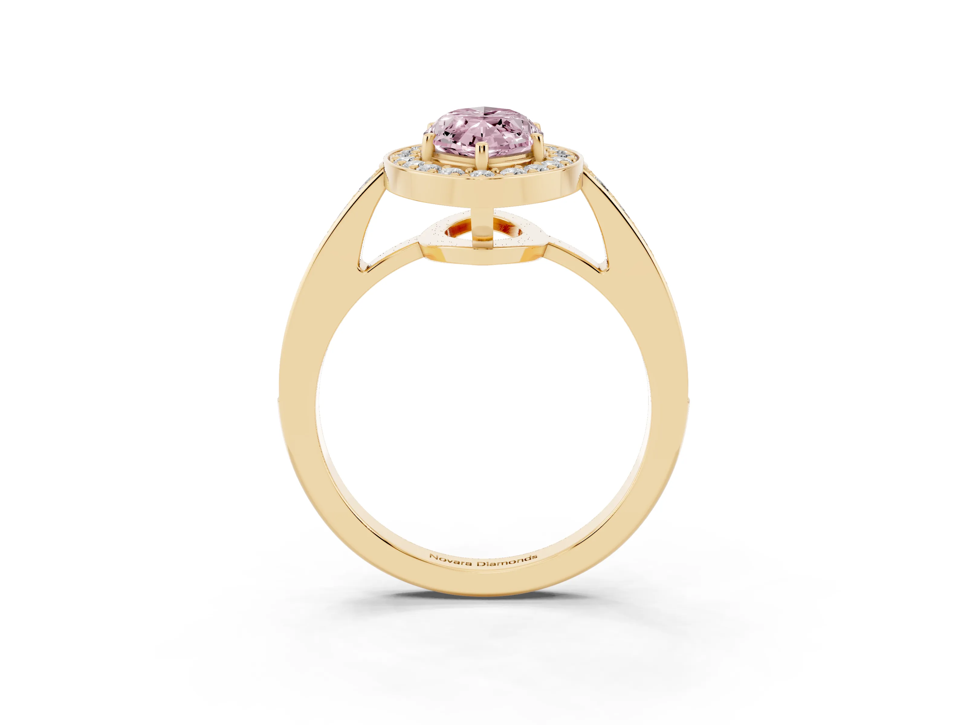 Fancy Pink Marquise Cut Diamond Halo Pavé Engagement Ring Set in Yellow gold with Bezel Setting