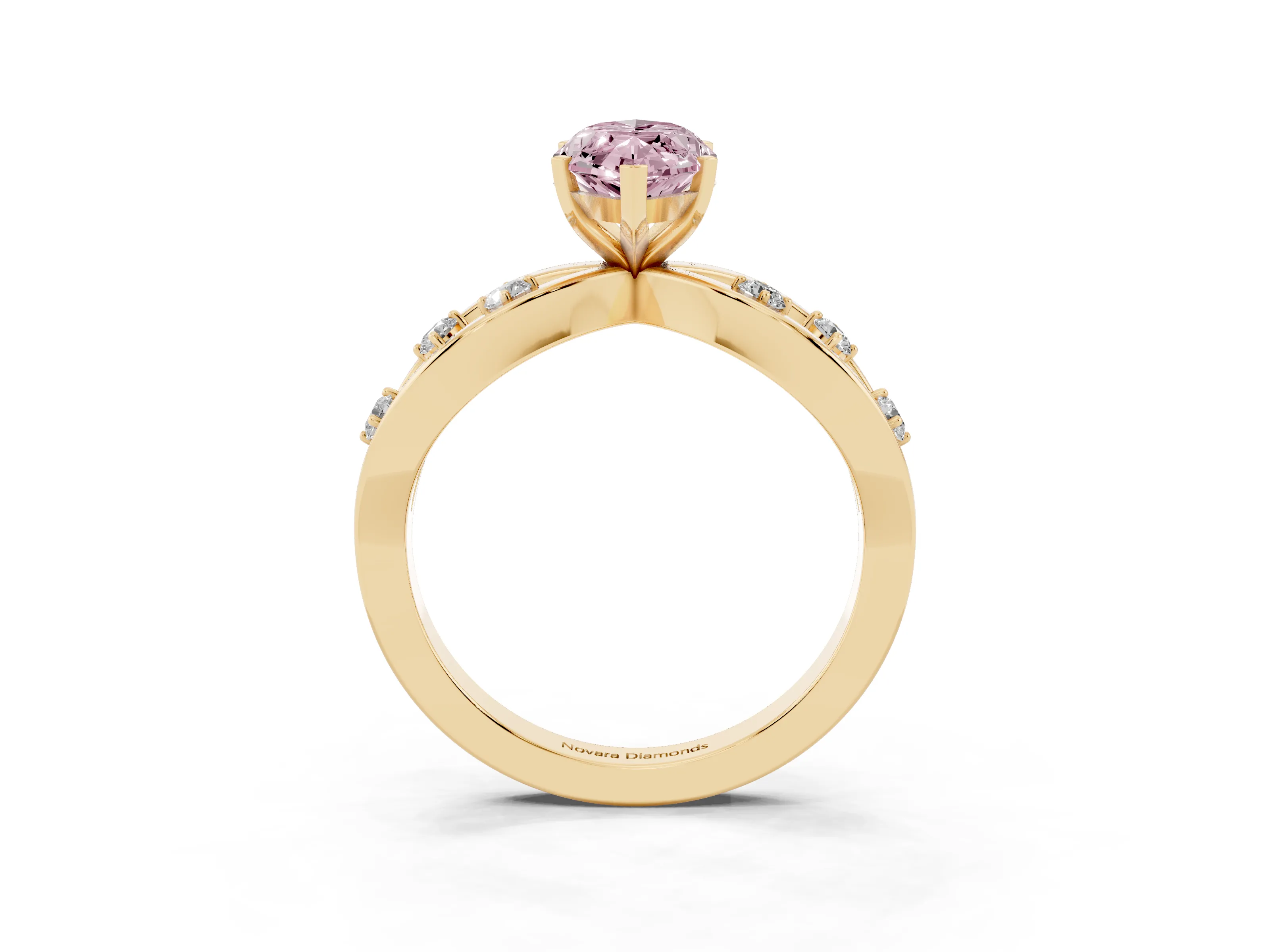 Fancy Pink Marquise Cut Diamond Solitaire Ring Set in Yellow gold with Side Stones on Criss-Cross Band and Prong Setting