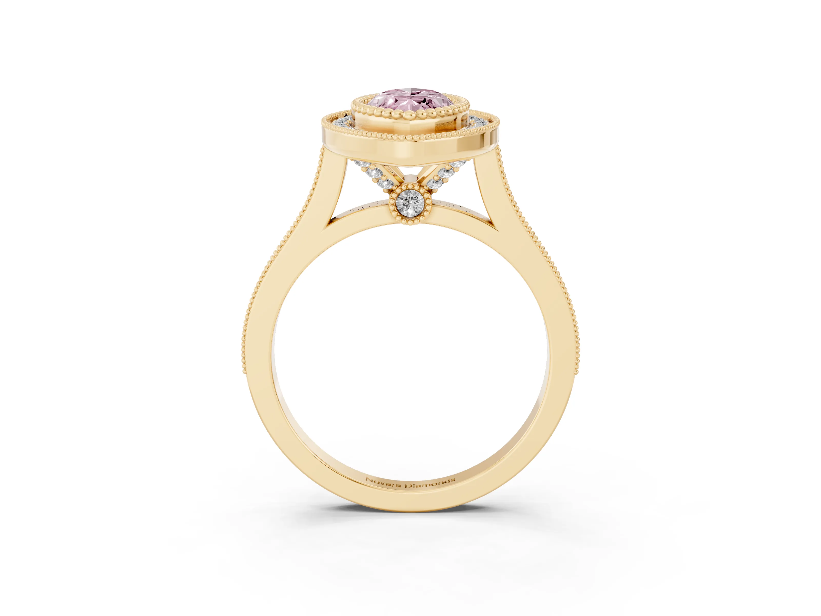 Fancy Pink Marquise Cut Diamond Halo Ring Set in Yellow gold with Milgrain Frame and Pavé Band