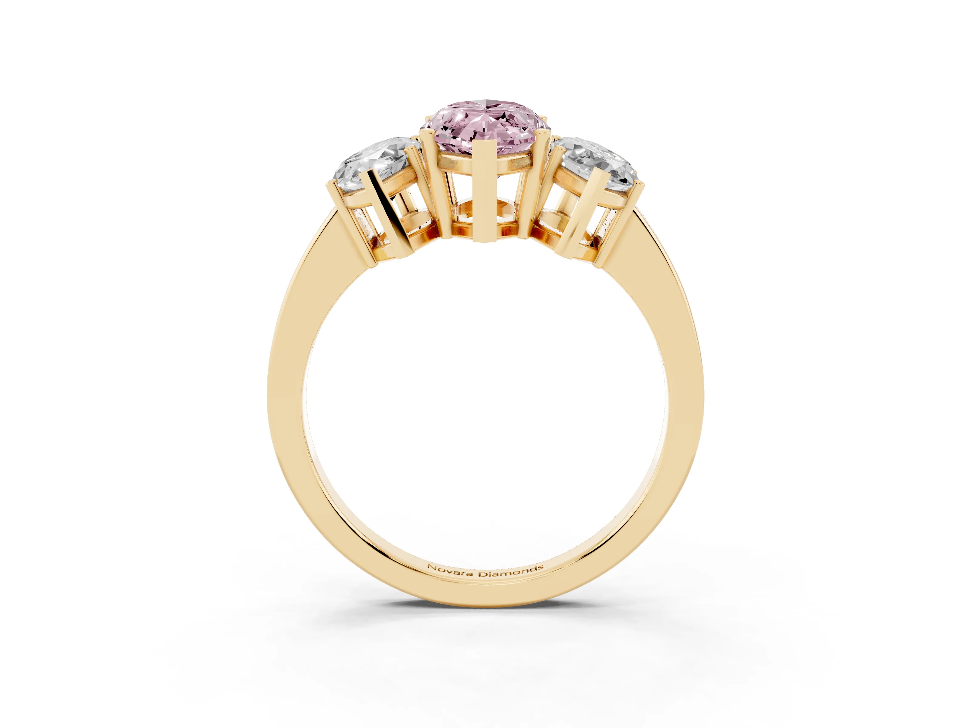 Fancy Pink Marquise Cut Diamond Three-Stone Engagement Ring Set in Yellow gold with Flat Band