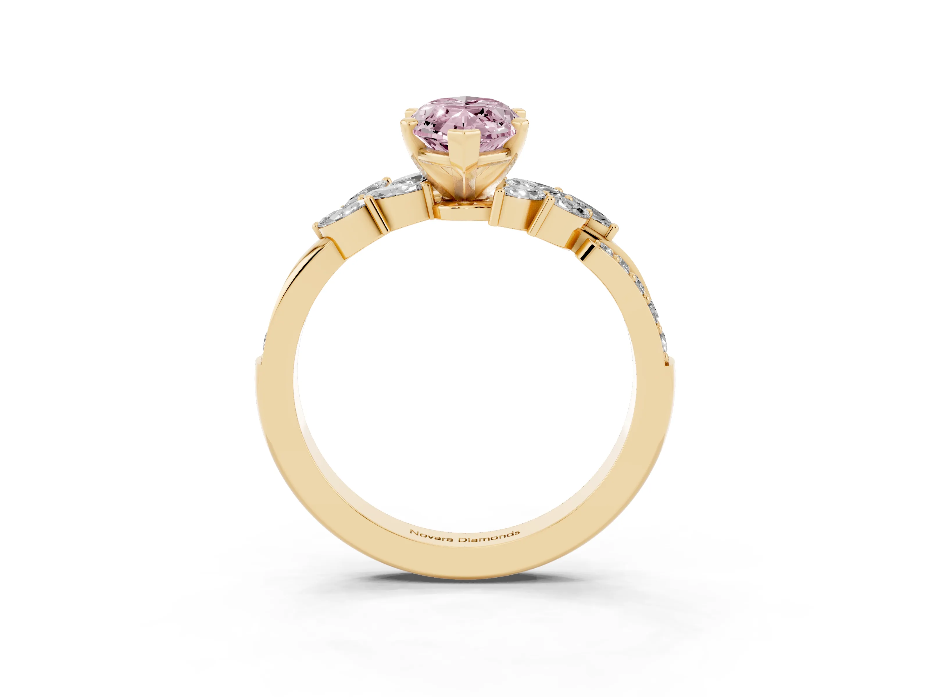 Fancy Pink Marquise Cut Diamond Solitaire Ring Set in Yellow gold with Marquise Twist Band and Prong Setting