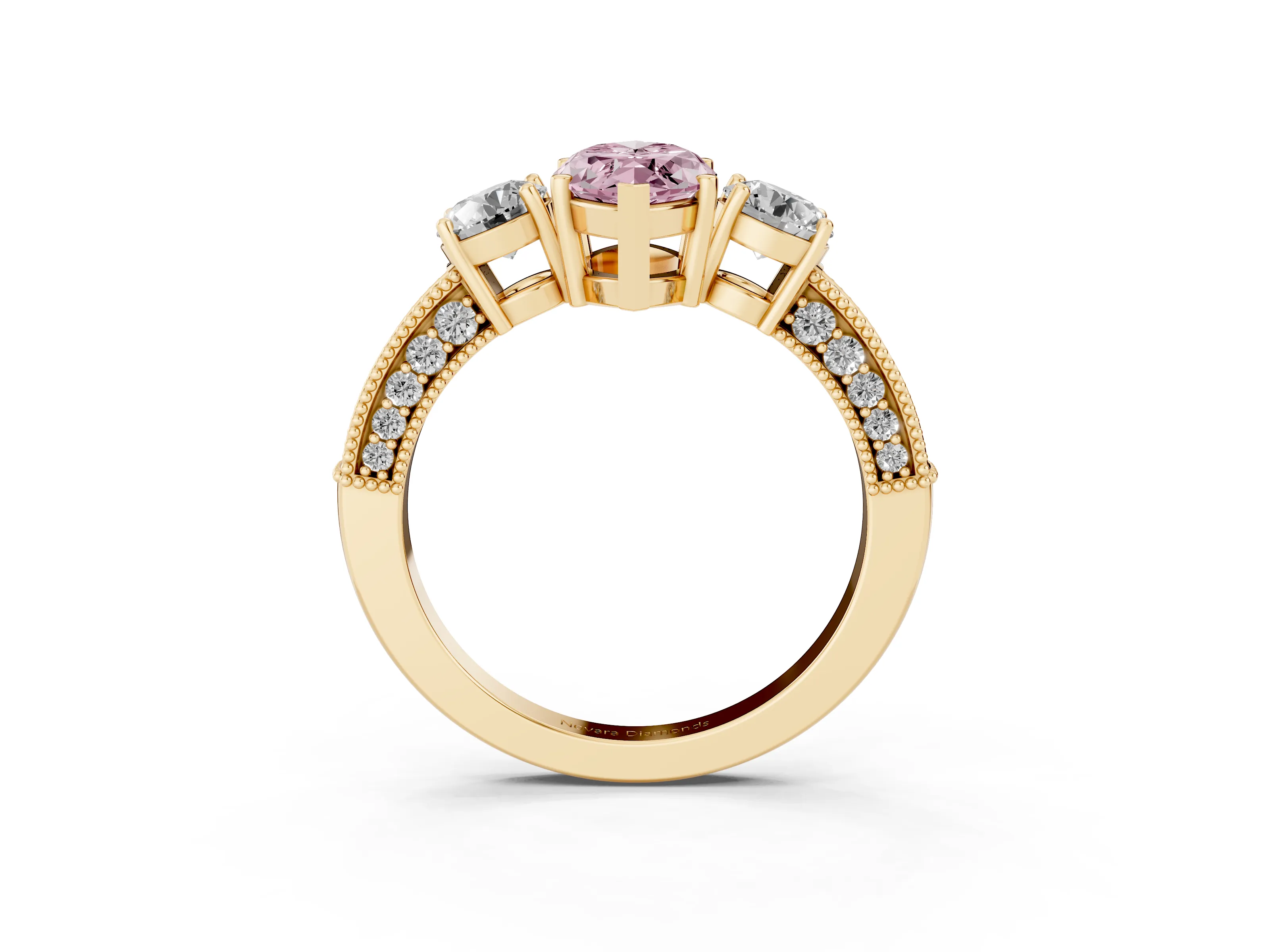 Fancy Pink Marquise Cut Diamond Three-Stone Ring Set in Yellow gold with Round Side Stones and Pavé Band