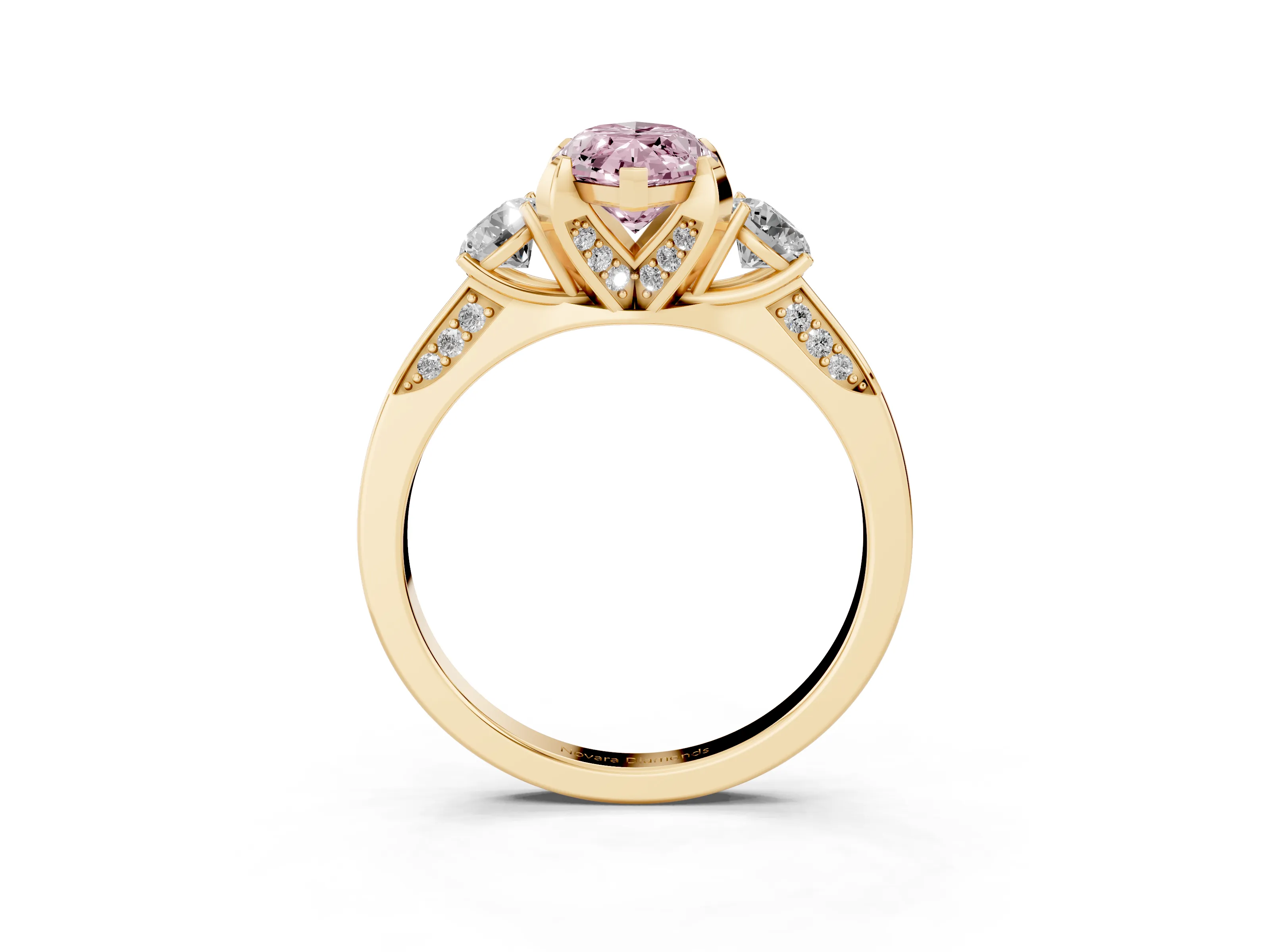 Fancy Pink Marquise Cut Diamond Three-Stone Ring Set in Yellow gold with Pavé Band and Smaller Side Stones