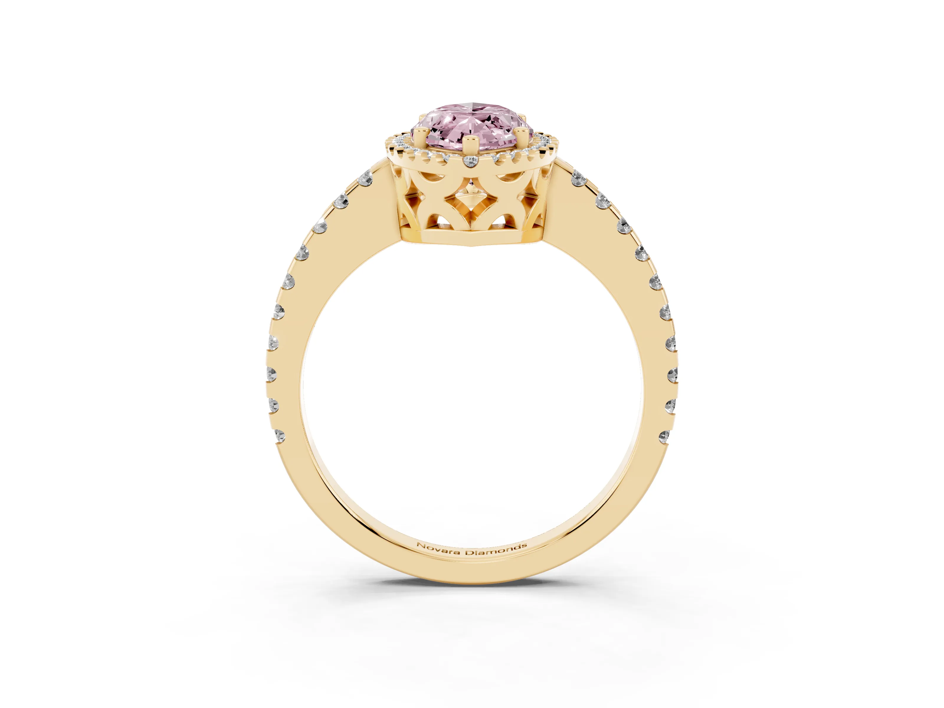 Fancy Pink Marquise Cut Diamond Halo Ring Set in Yellow gold with Pavé Shoulders and Halo-Framed Center
