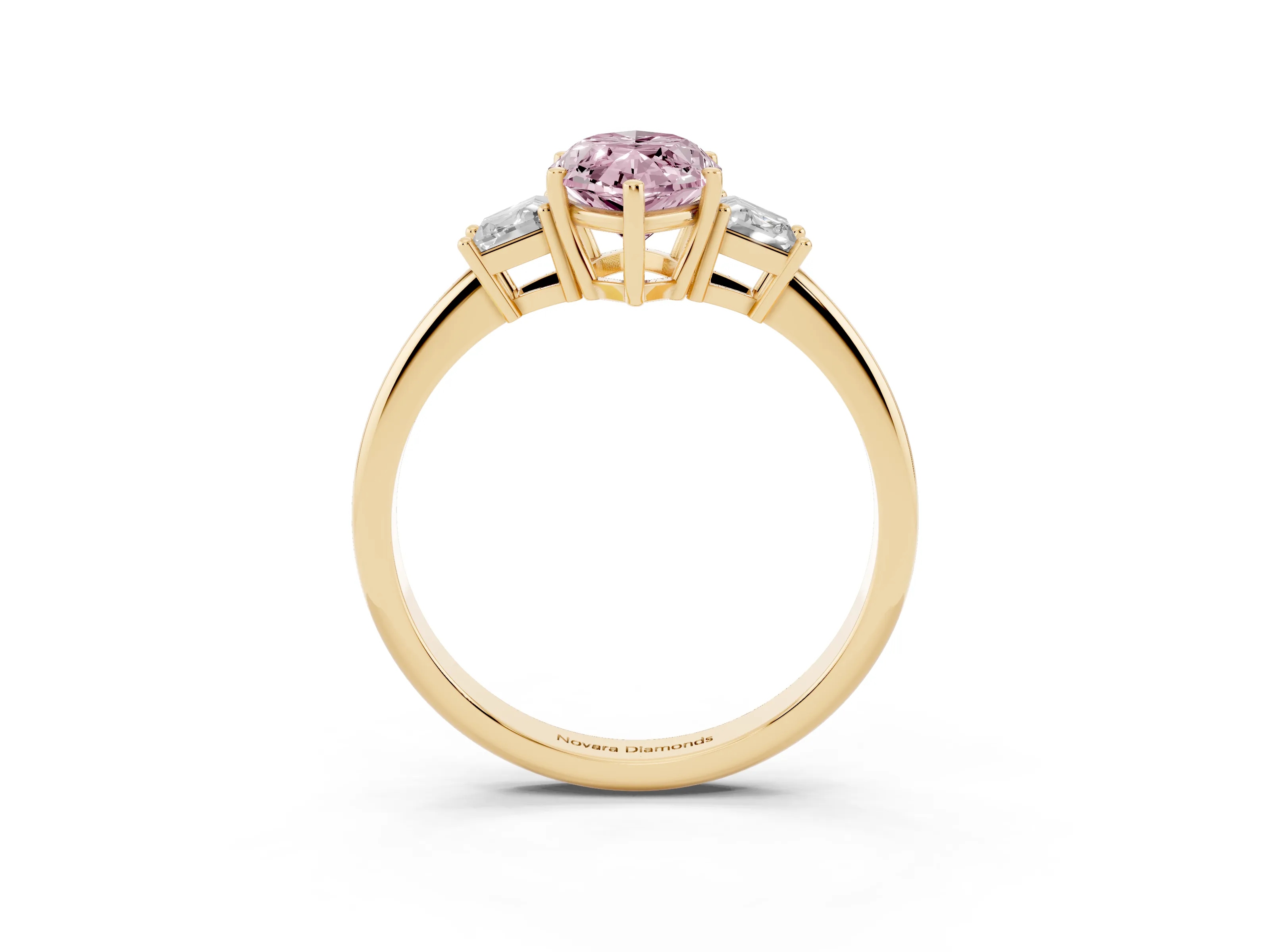 Fancy Pink Marquise Cut Diamond Three-Stone Ring Set in Yellow gold with Trapezoid Side Stones and Prong Setting