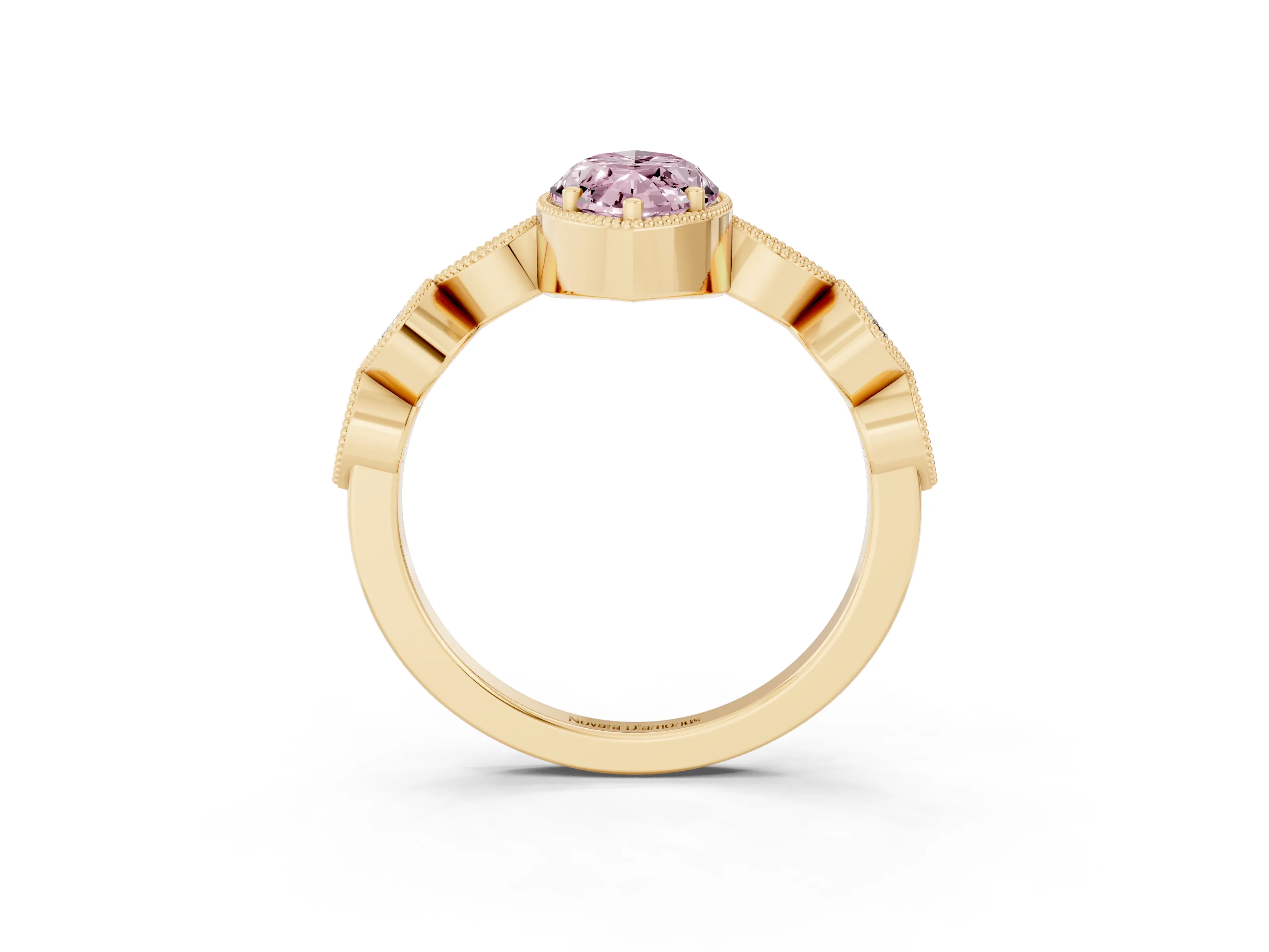 Fancy Pink Marquise Cut Diamond Vintage-Inspired Milgrain Ring Set in Yellow gold with Marquise Stations of Round Accents