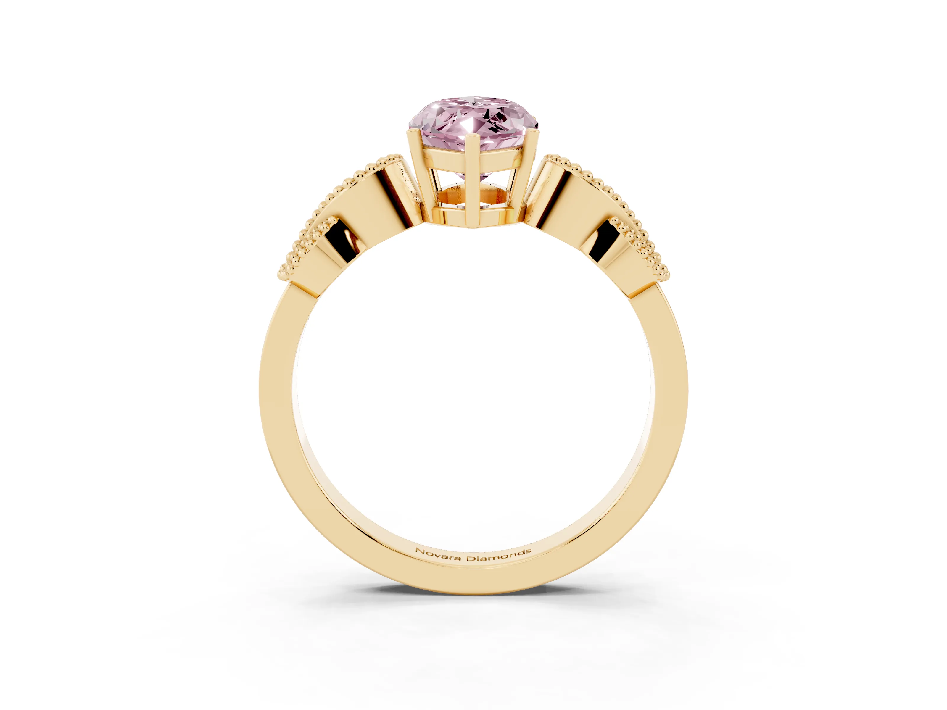Fancy Pink Marquise Cut Diamond Milgrain Leaf Band Solitaire Ring Set in Yellow gold with Accent Stones and Prong Setting