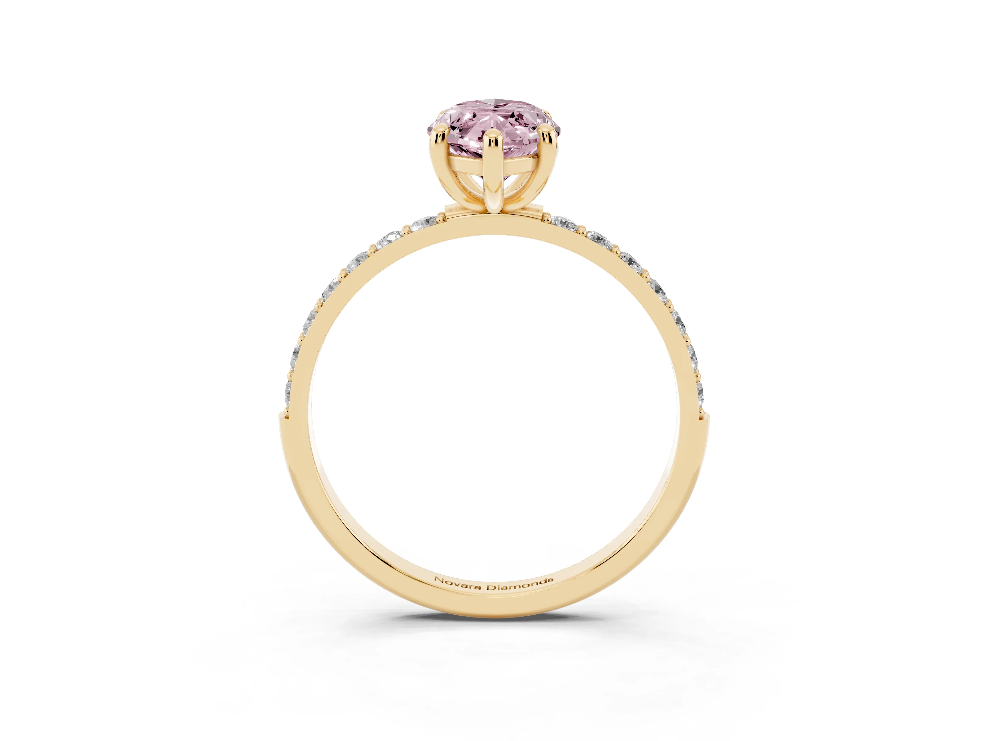 Fancy Pink Marquise Cut Diamond Solitaire Ring Set in Yellow gold with Round Pavé Band and Prong Setting