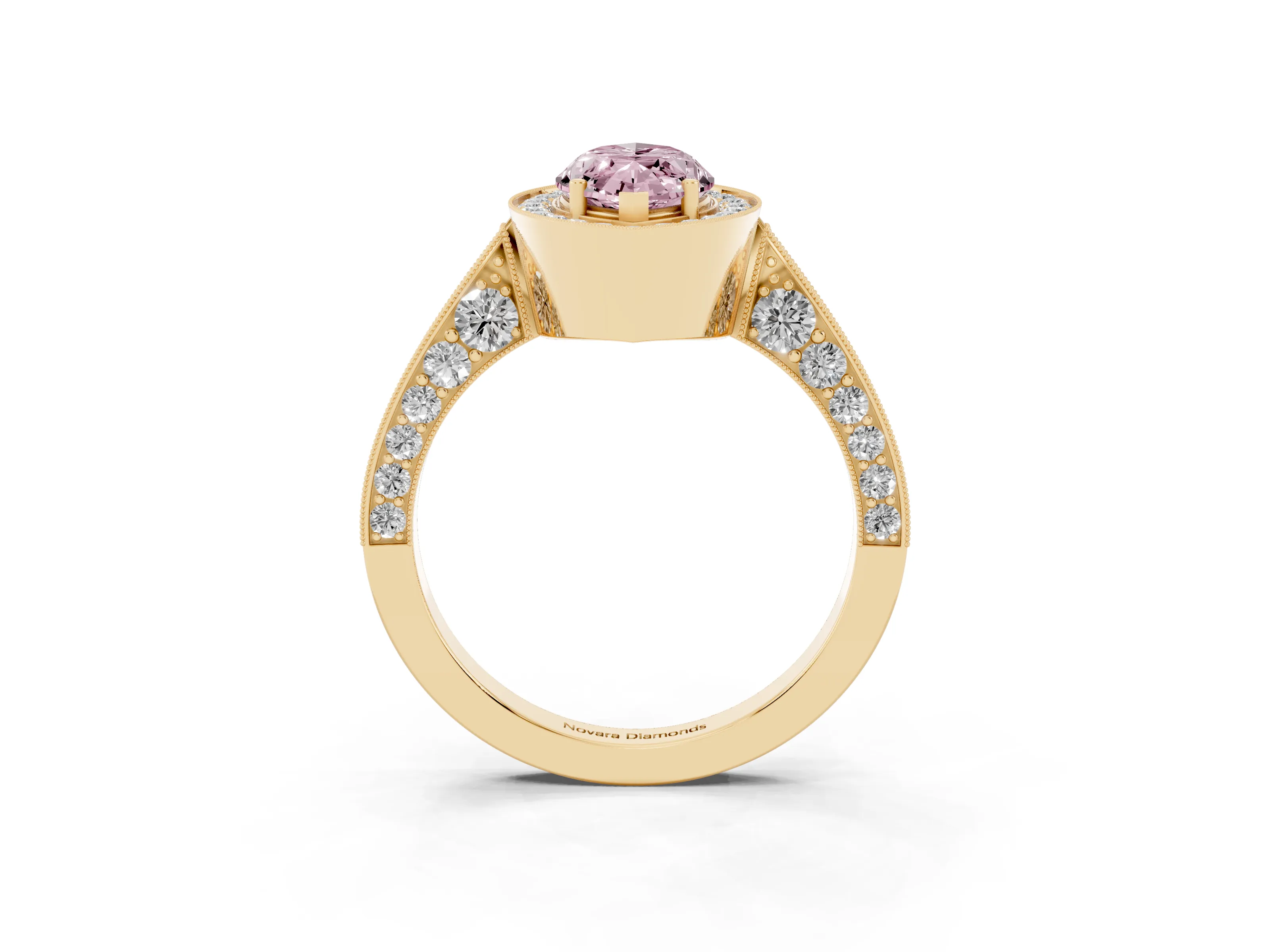 Fancy Pink Marquise Cut Diamond Halo Engagement Ring Set in Yellow gold with Accent Split Shank Band