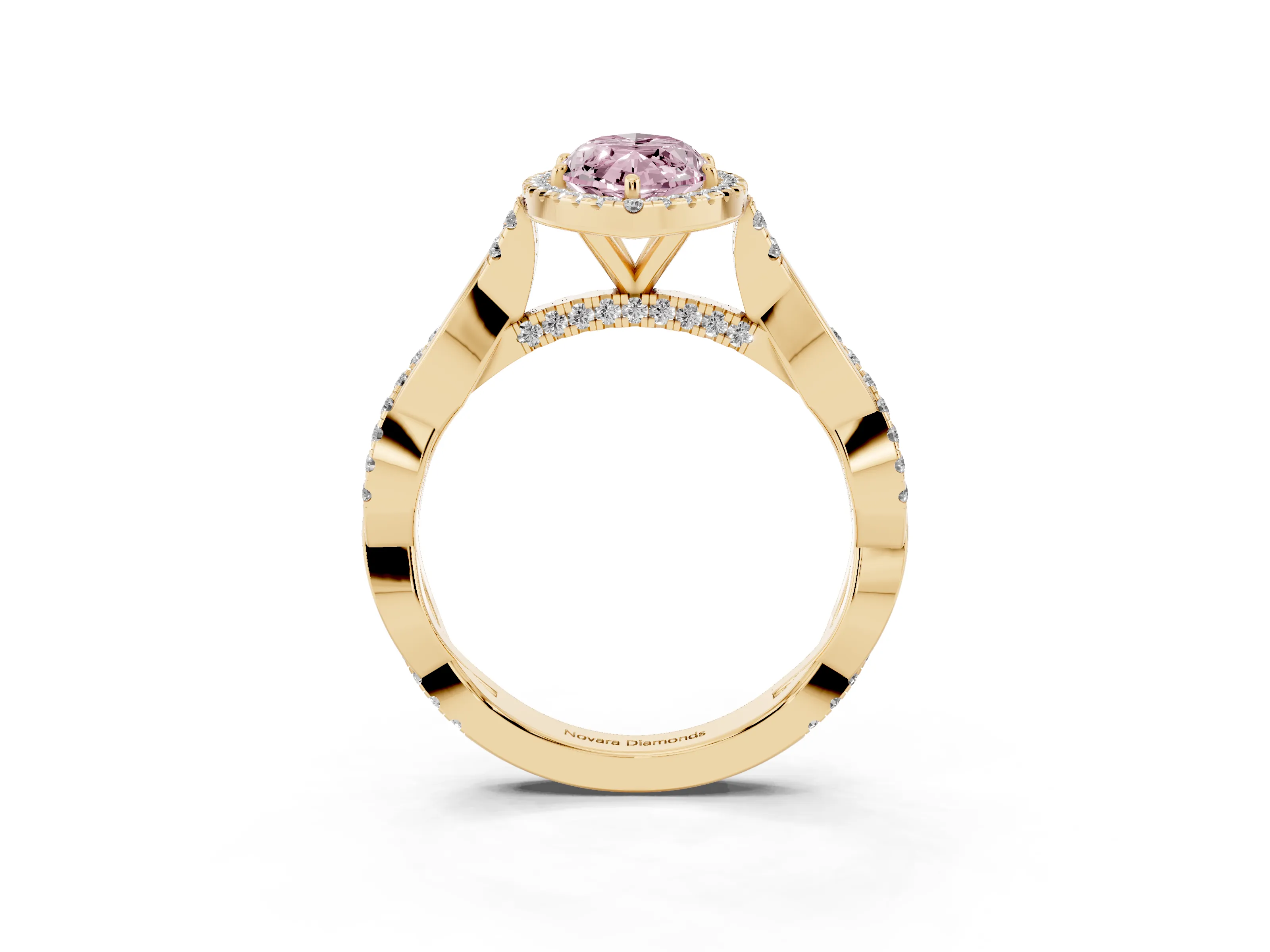 Fancy Pink Marquise Cut Diamond Halo Twist Band Solitaire Ring Set in Yellow gold with Prong Setting