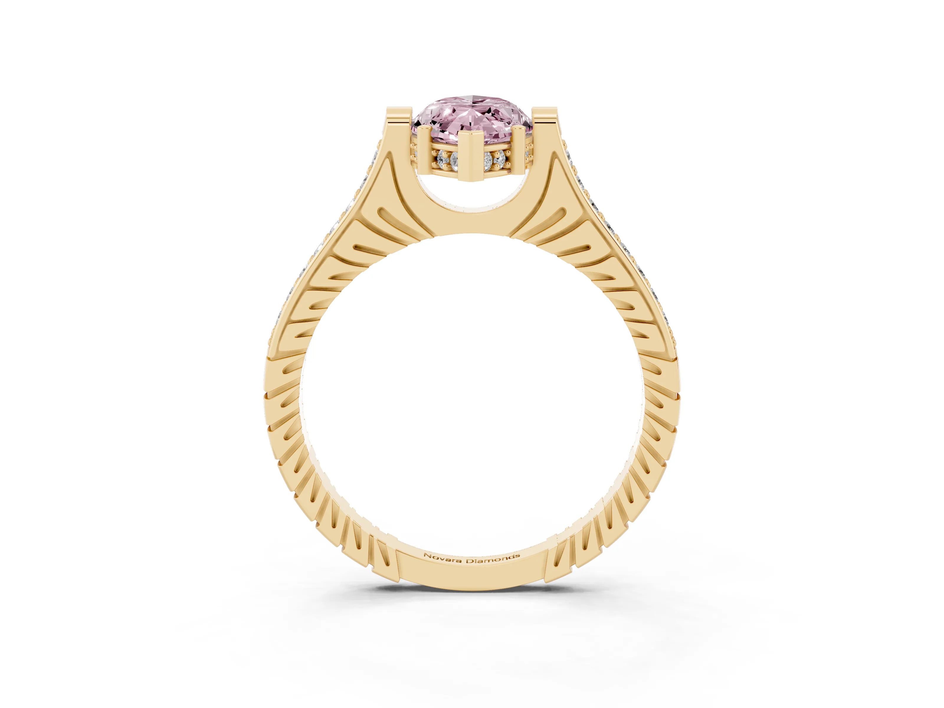 Fancy Pink Marquise Cut Diamond Solitaire Ring Set in Yellow gold with Channel Set Band and Bezel Prong Setting