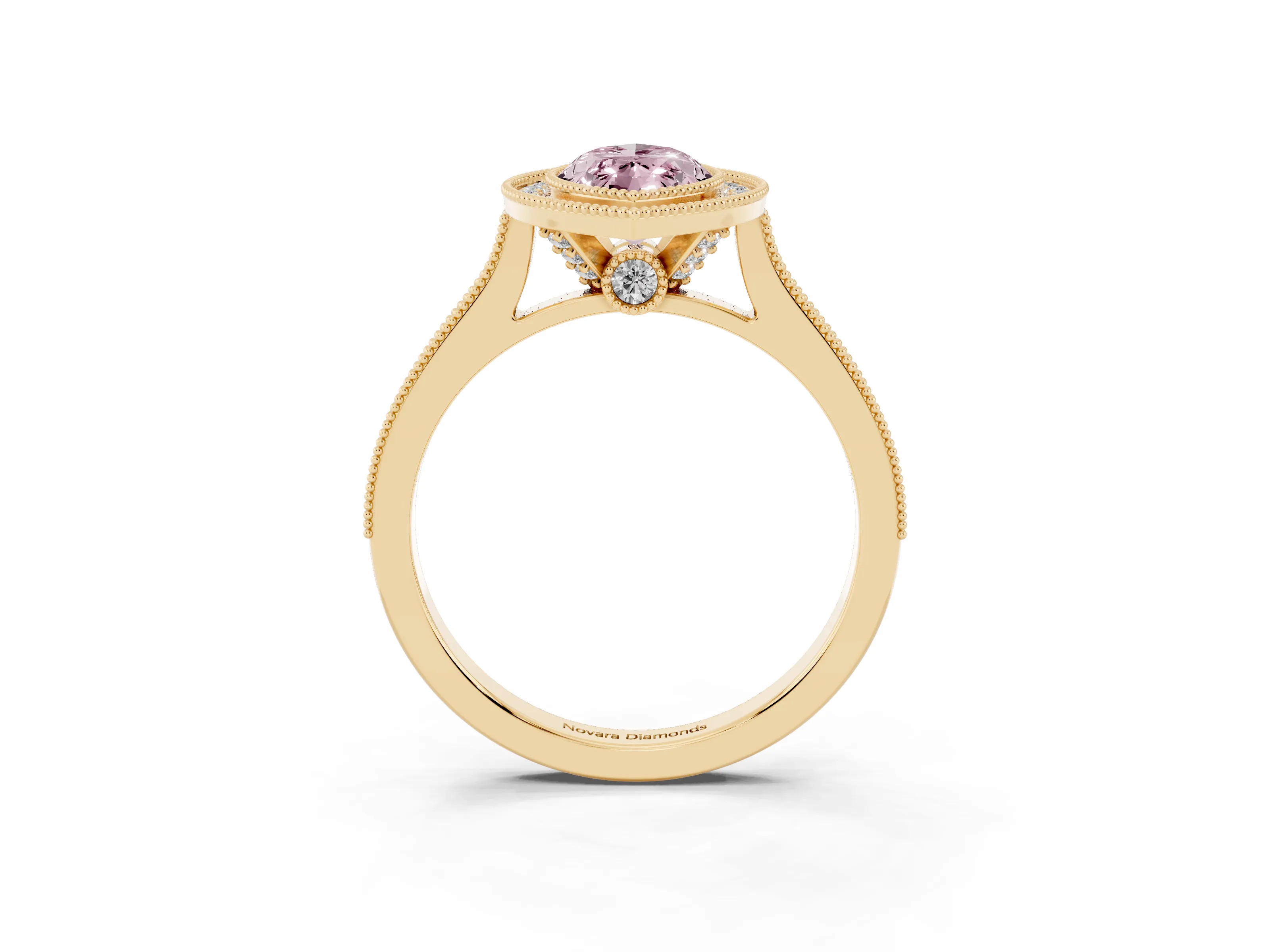 Fancy Pink Marquise Cut Diamond Halo Milgrain Pavé Band Ring Set in Yellow gold with Prong Setting