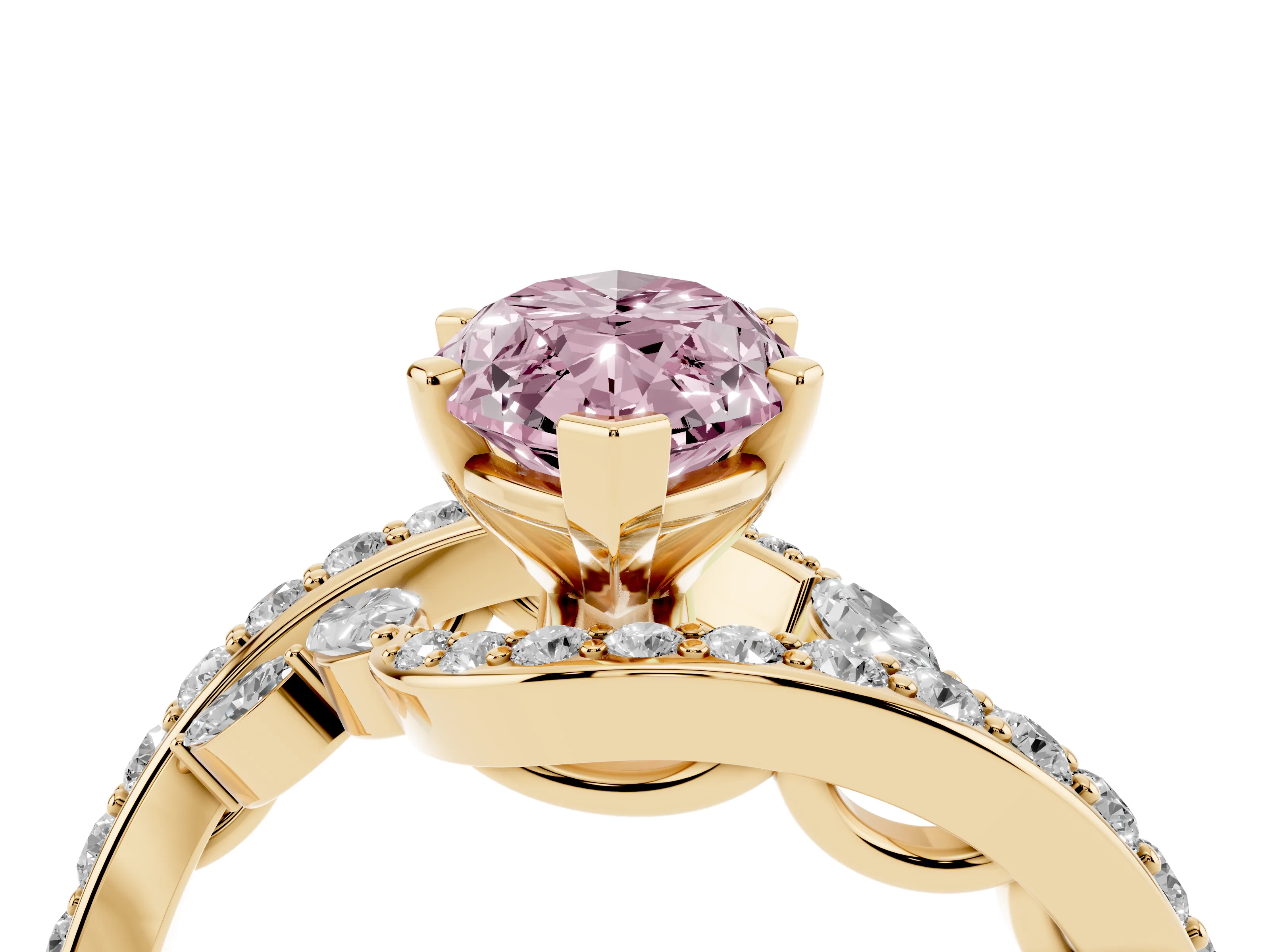 Fancy Pink Marquise Cut Diamond Solitaire Ring Set in Yellow gold with Pavé Twist Band and Secure Prong Setting
