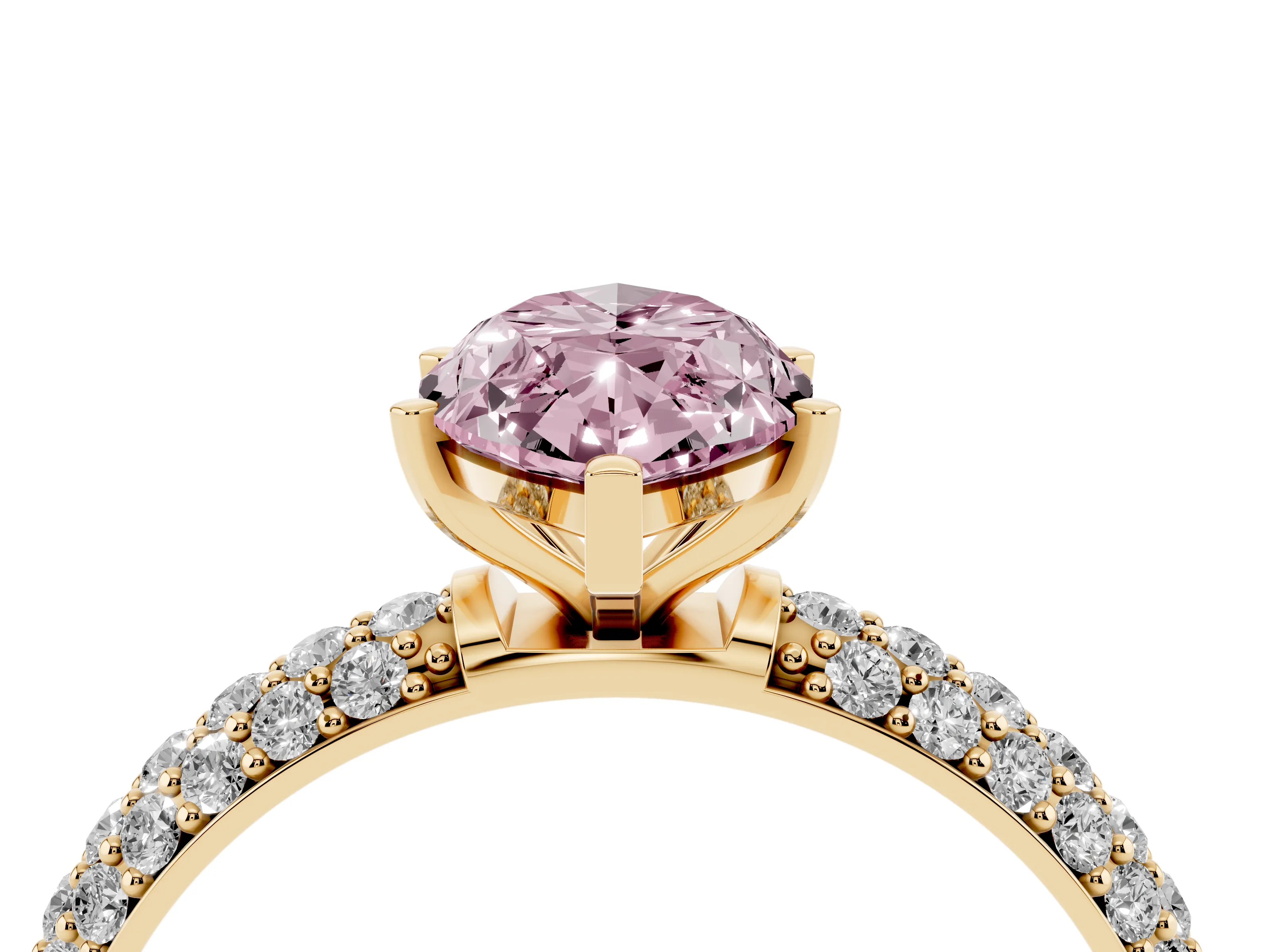 Fancy Pink Marquise Cut Diamond Solitaire Ring Set in Yellow gold with Prong Setting and Pavé-Set Band