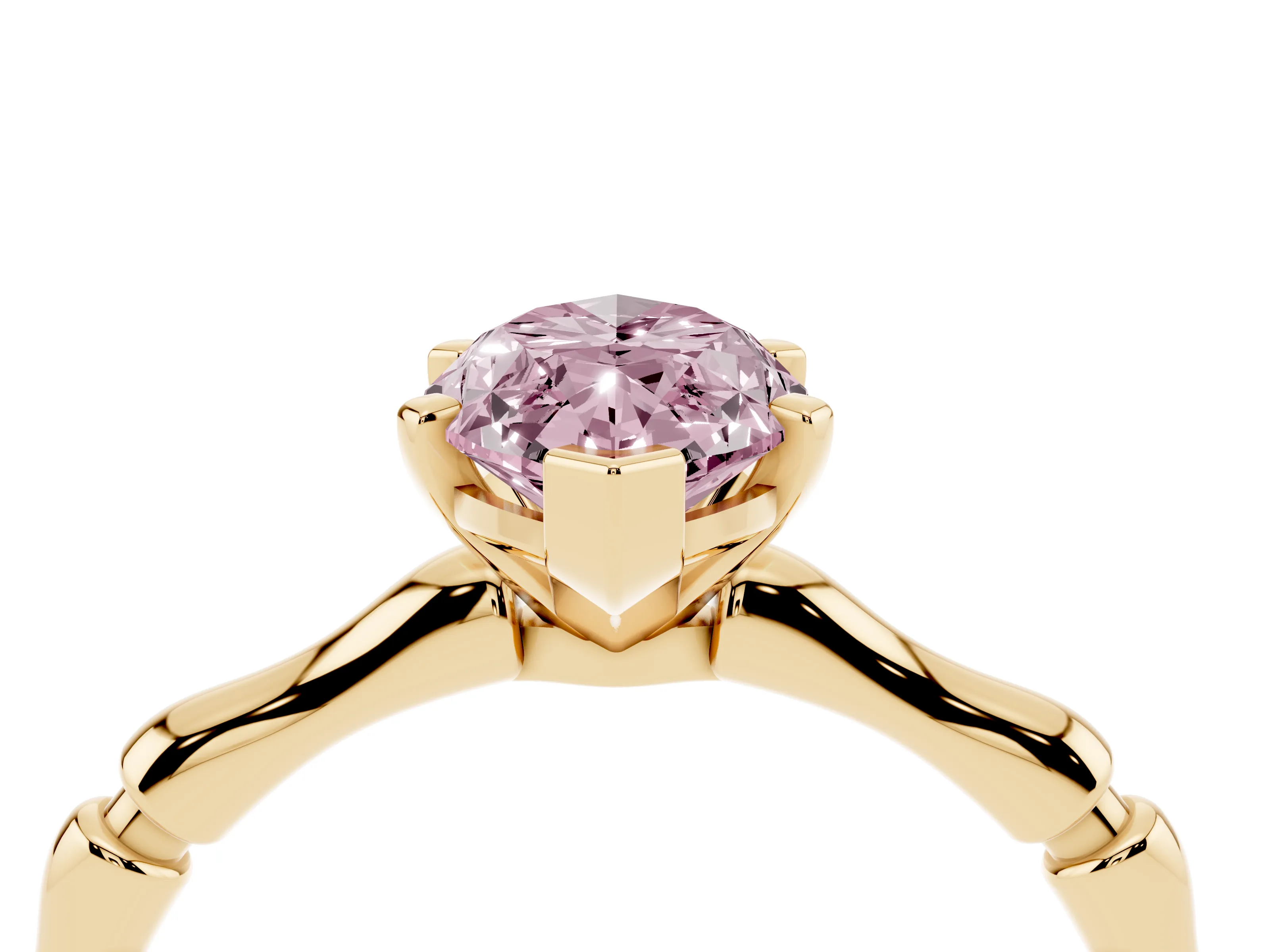 Fancy Pink Marquise Cut Diamond Solitaire Ring Set in Yellow gold with Bamboo Band and Prong Setting