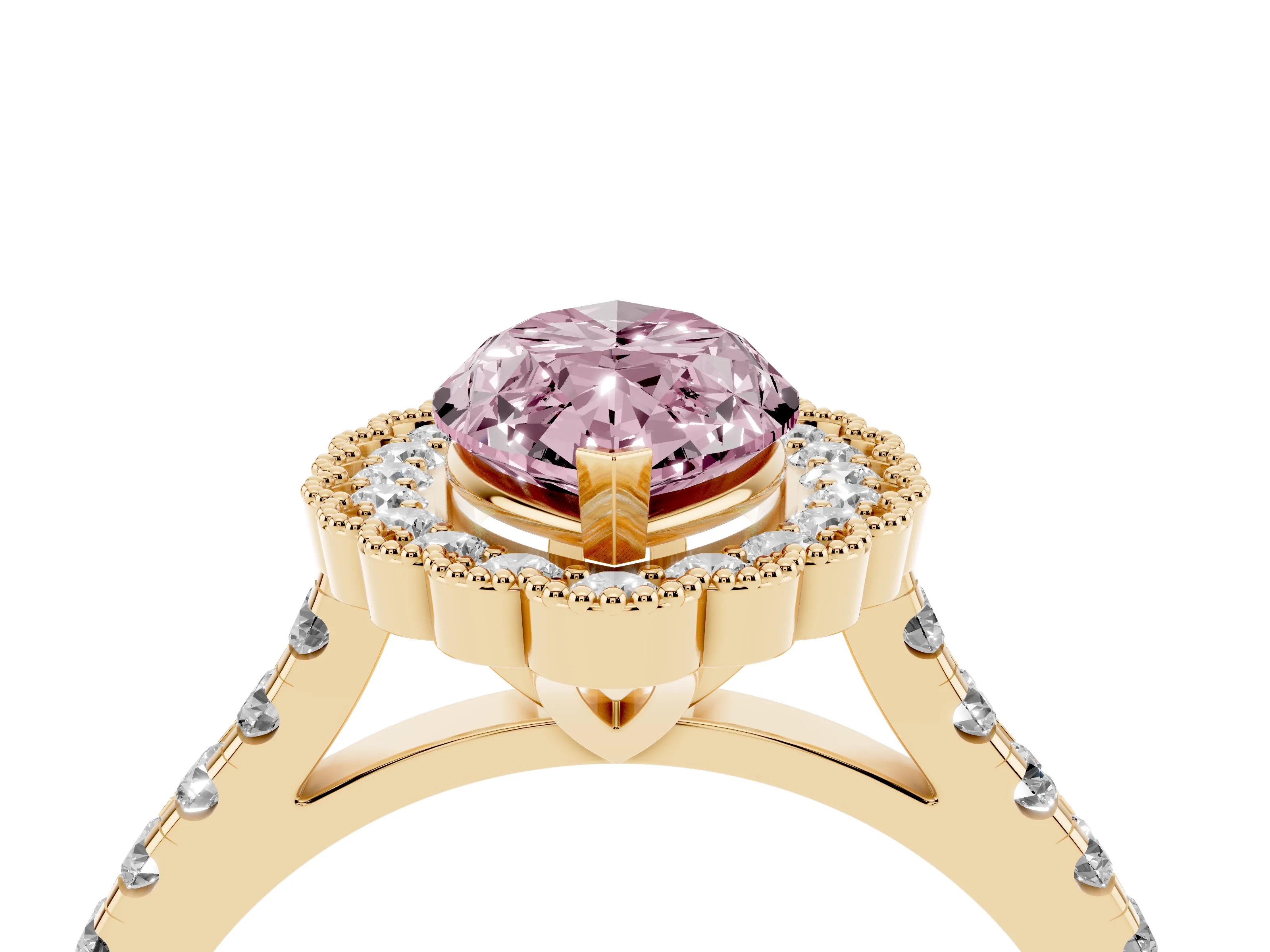 Fancy Pink Marquise Cut Diamond Milgrain Floral Halo Engagement Ring Set in Yellow gold with Pavé Band