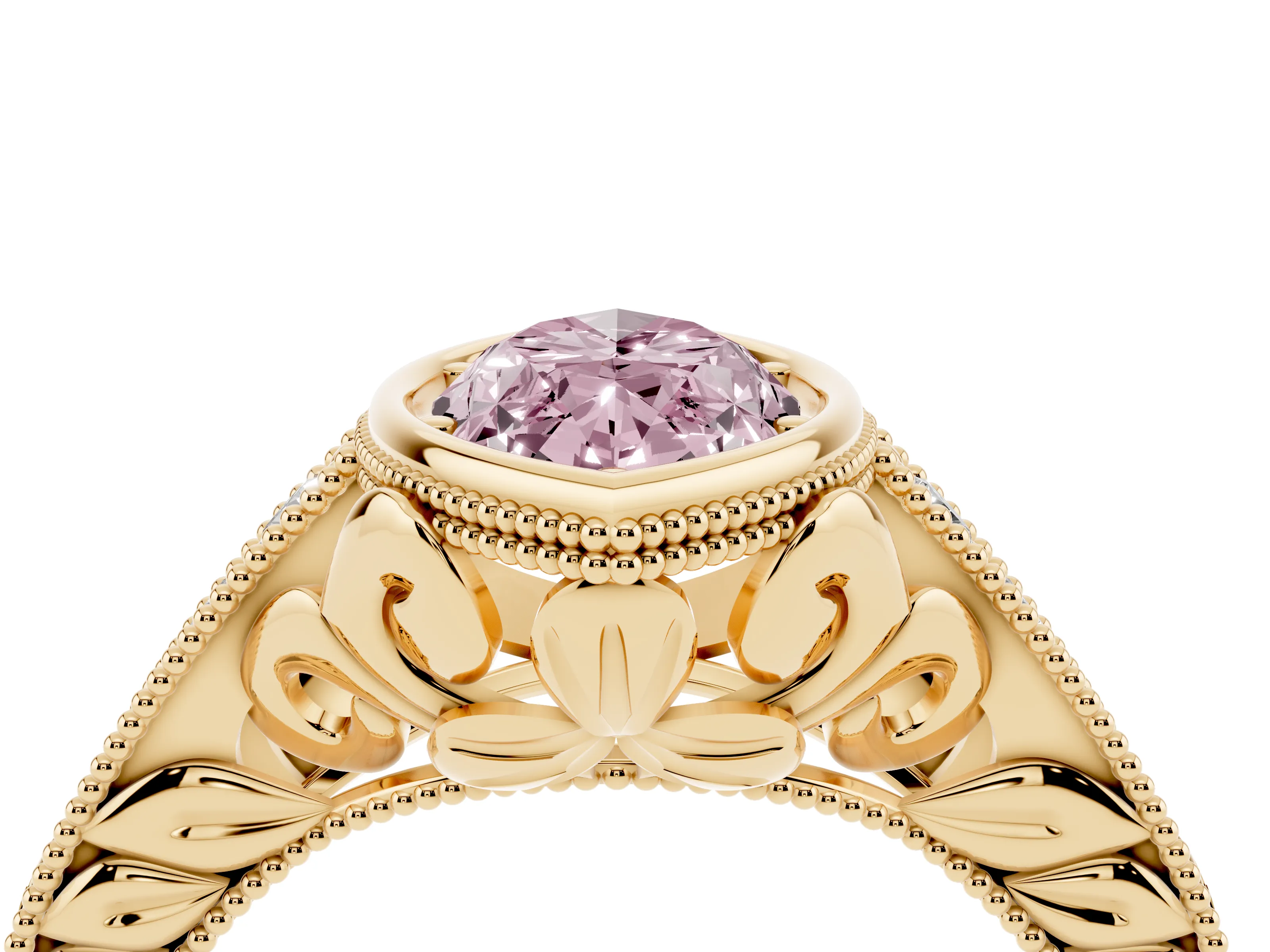 Fancy Pink Bezel Set Marquise Cut Diamond Milgrain Pavé Engagement Ring Set in Yellow gold