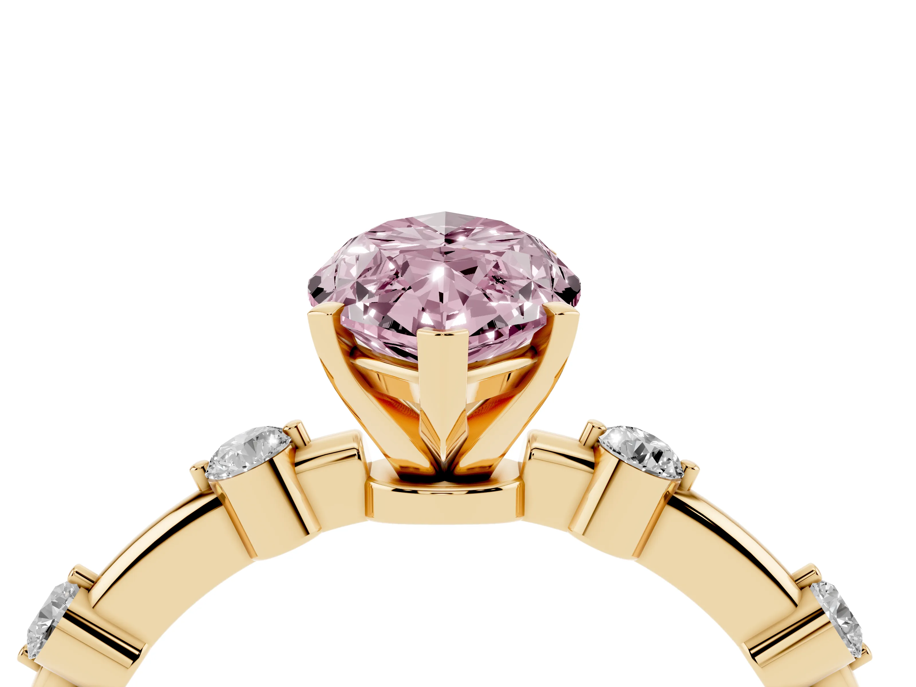 Fancy Pink Marquise Cut Diamond Solitaire Ring Set in Yellow gold with Bezel Set Side Stones and Prong Setting