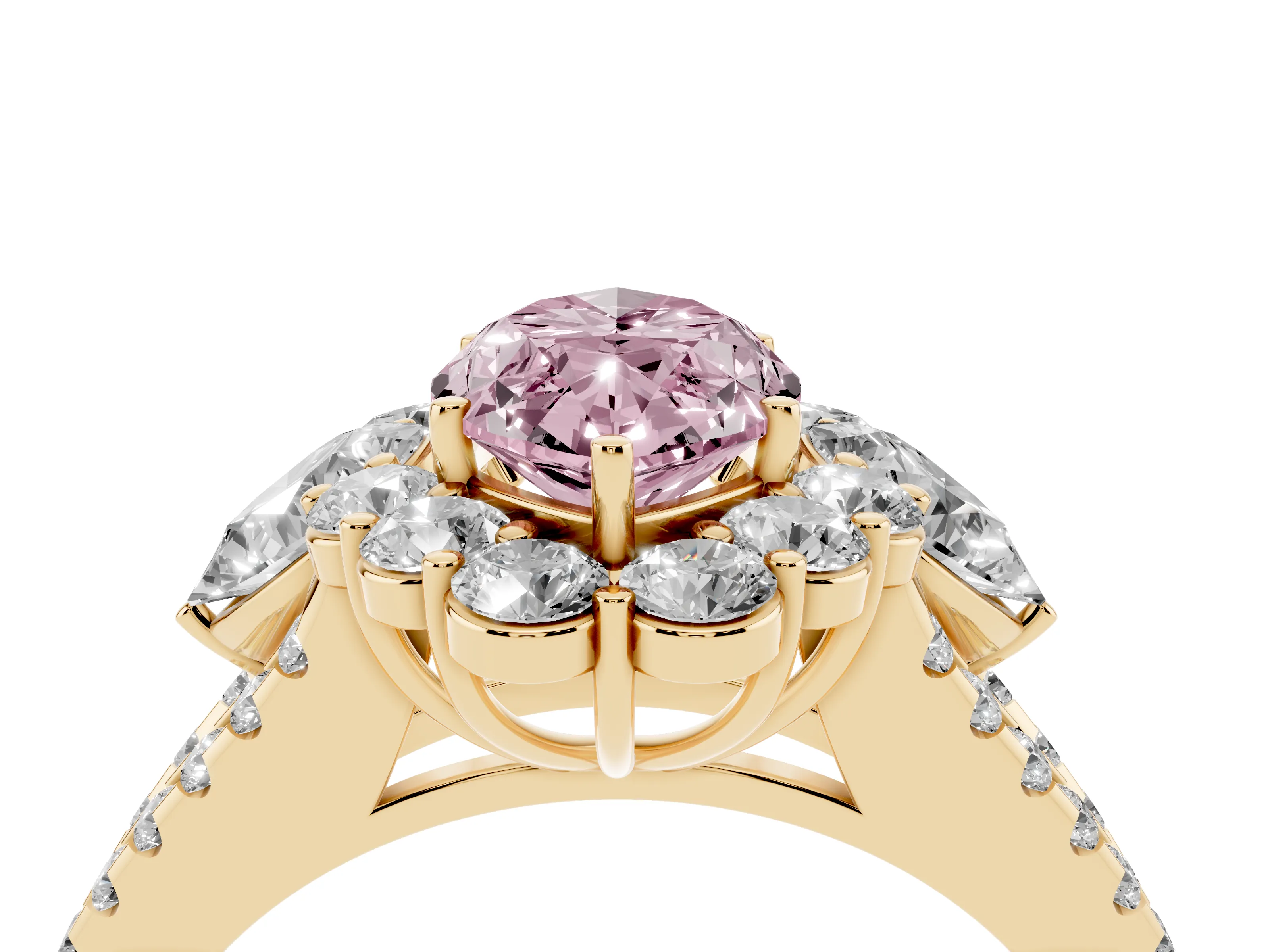 Fancy Pink Marquise Cut Diamond Halo Split Shank Engagement Ring Set in Yellow gold with Prong-Held Center Stone