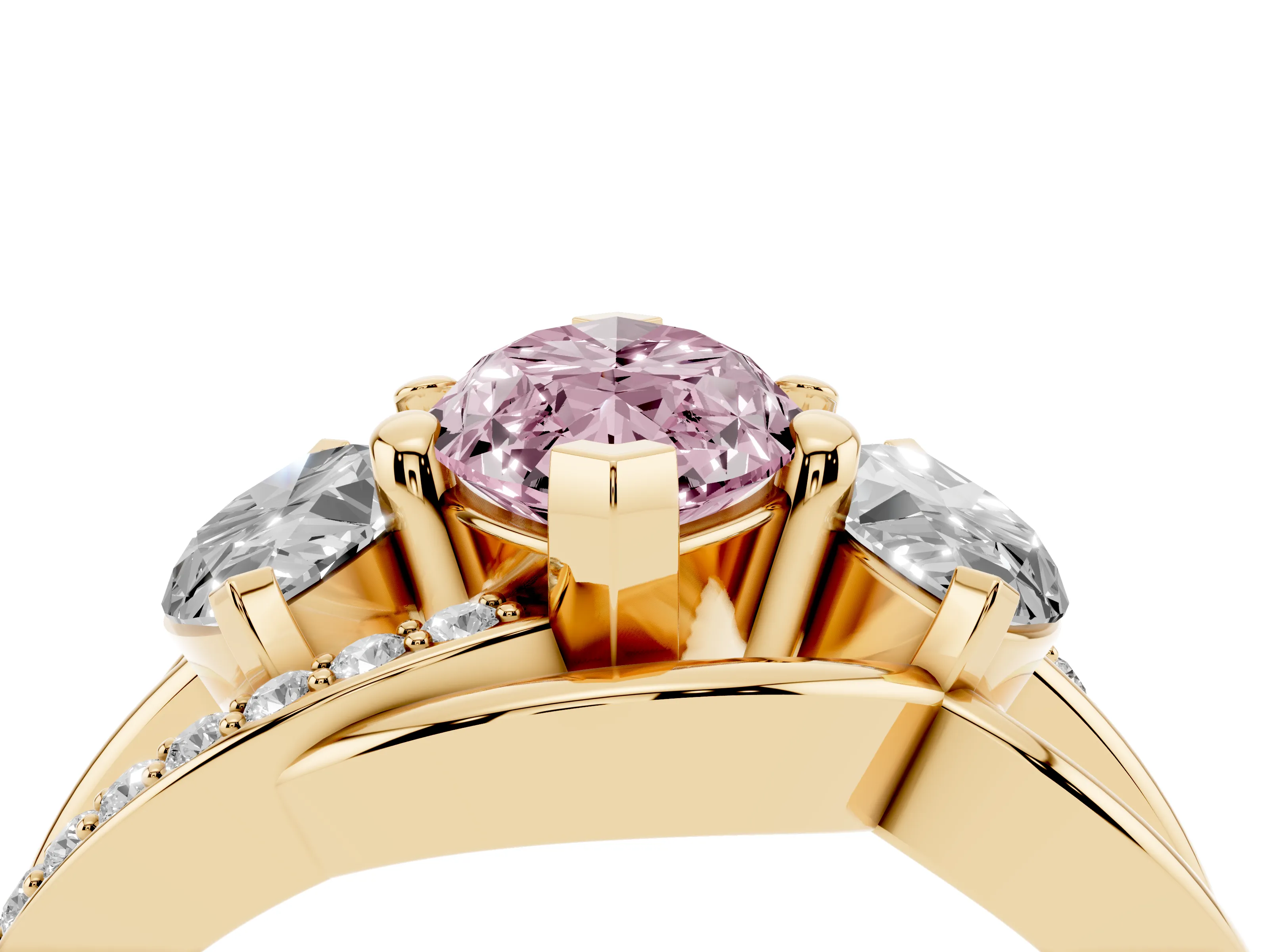 Fancy Pink Marquise Cut Diamond Three-Stone Ring Set in Yellow gold with Split Shank and Prong Setting