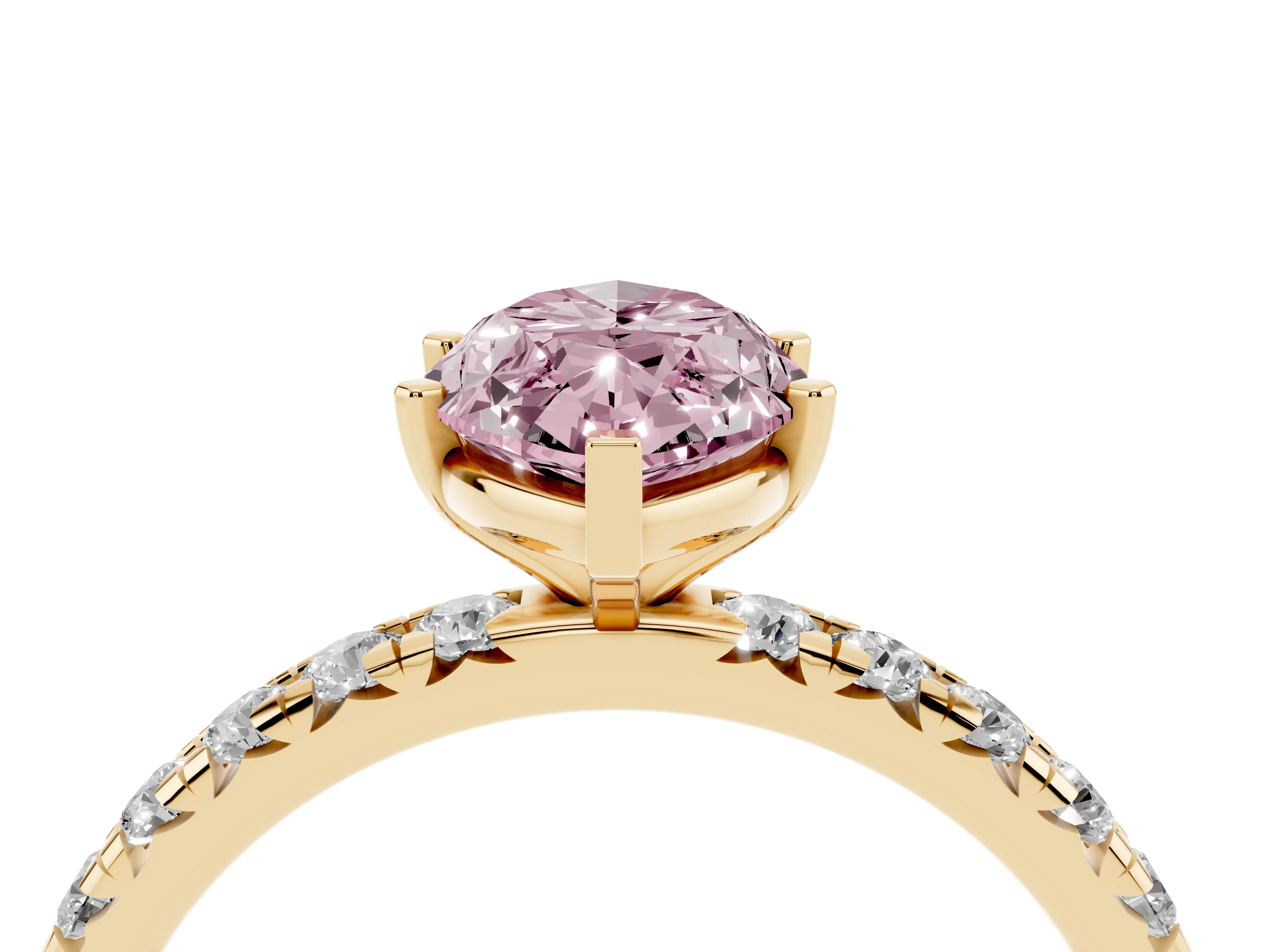 Fancy Pink Marquise Cut Diamond Pavé Solitaire Ring Set in Yellow gold with Round Band and Prong Setting
