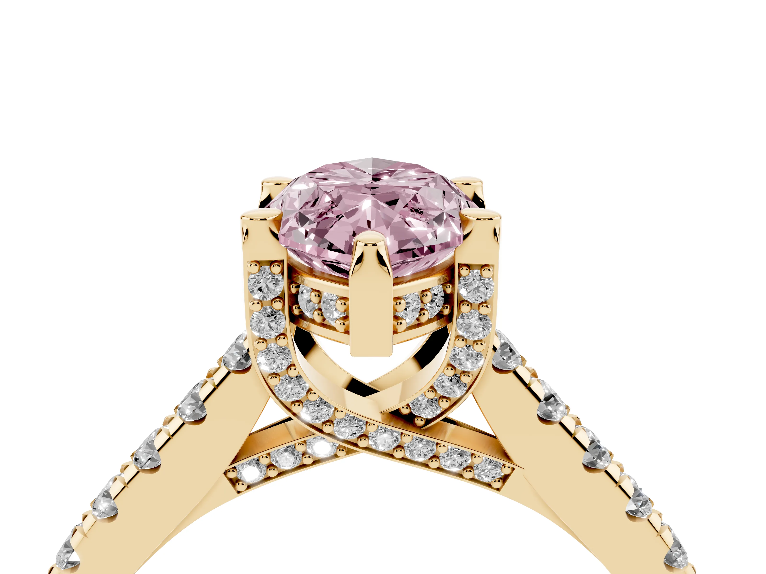 Fancy Pink Marquise Cut Diamond Solitaire Ring Set in Yellow gold with Brilliant Pavé Band and Prong Setting