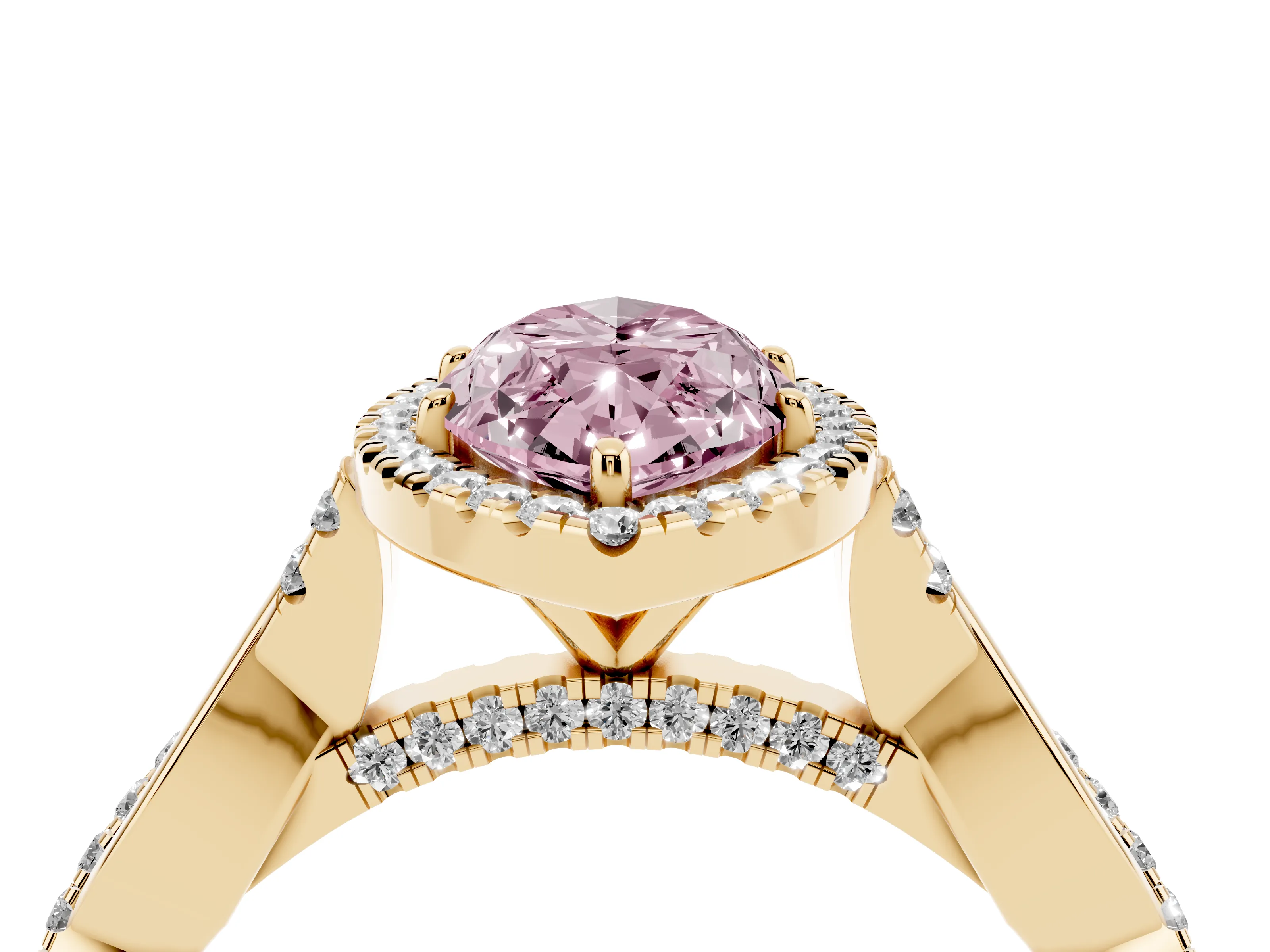 Fancy Pink Marquise Cut Diamond Halo Twist Band Solitaire Ring Set in Yellow gold with Prong Setting