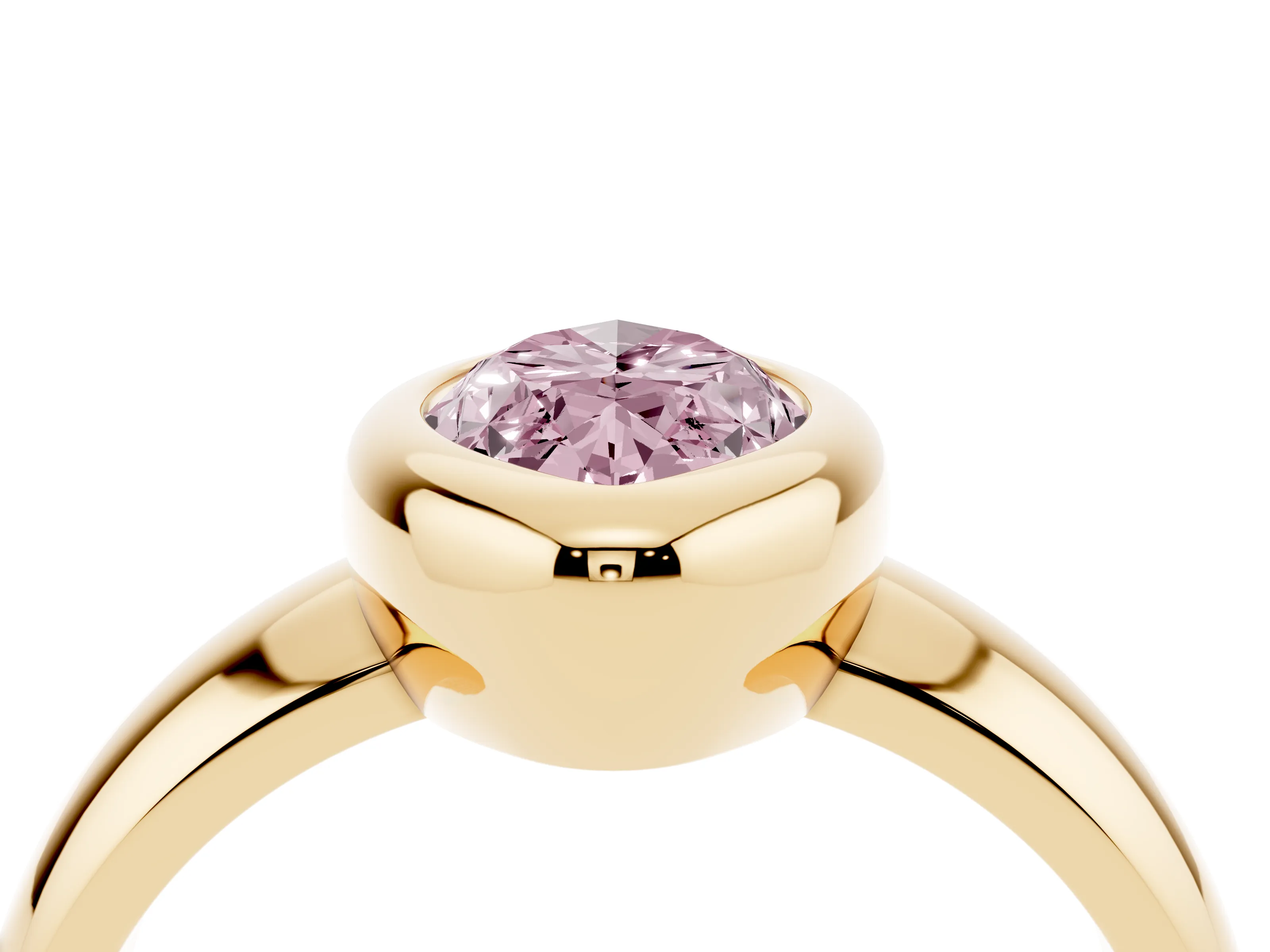 Fancy Pink Bezel Set Marquise Cut Diamond Solitaire Ring Set in Yellow gold with Wide Band