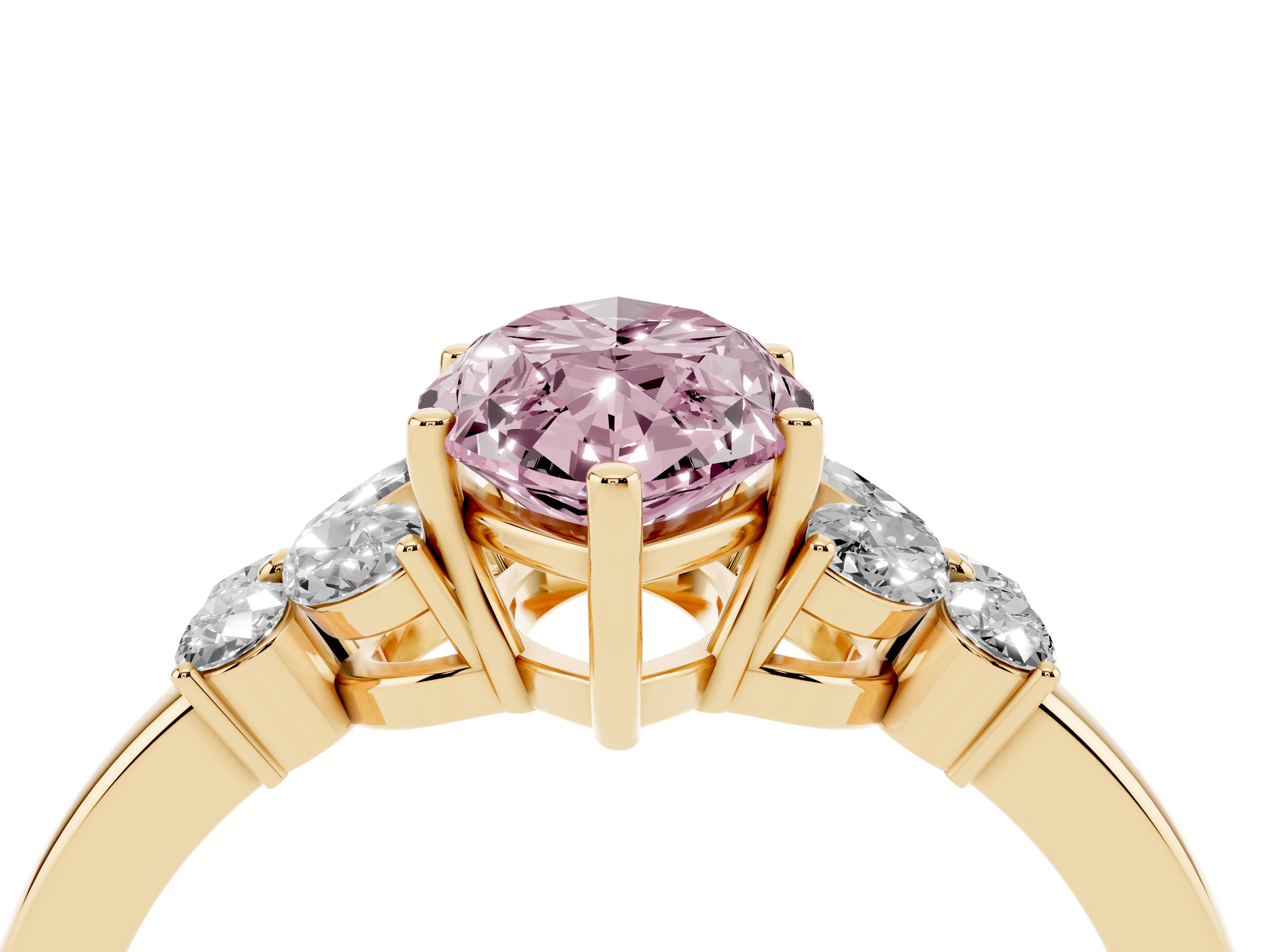 Fancy Pink Marquise Cut Diamond Solitaire Floral Ring Set in Yellow gold with Marquise Petals and Prong Setting