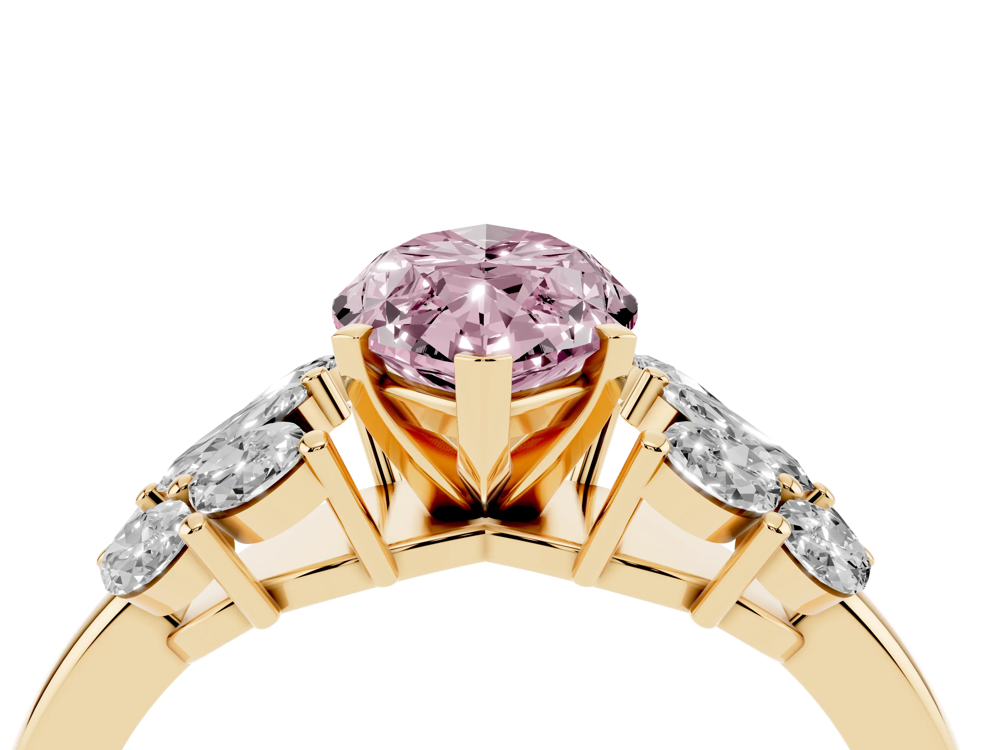 Fancy Pink Marquise Cut Diamond Cluster Leaf Design Ring Set in Yellow gold with Prong Setting