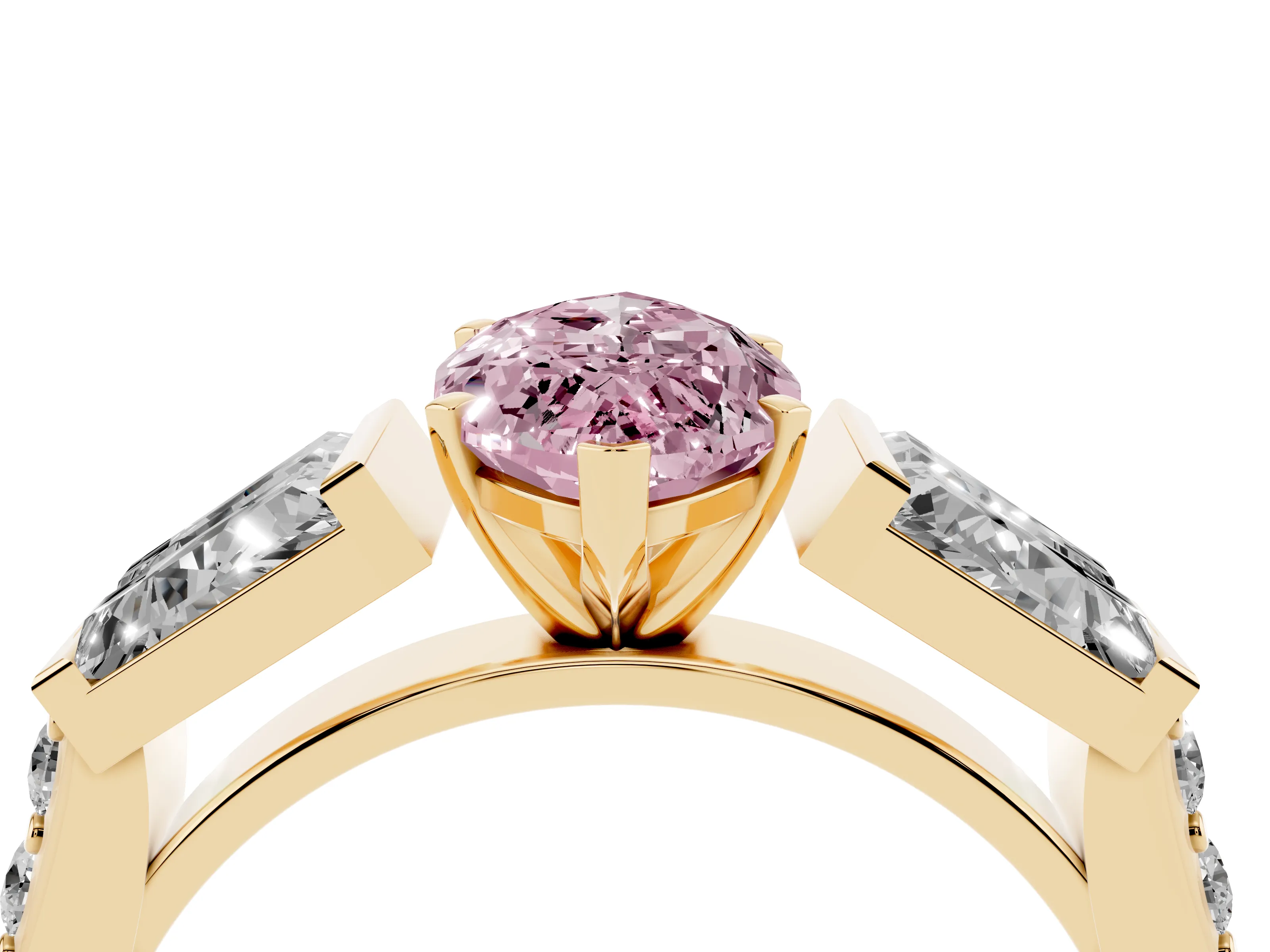 Fancy Pink Marquise Cut Diamond Engagement Ring Set in Yellow gold with Baguette Side Stones and Channel Set Band