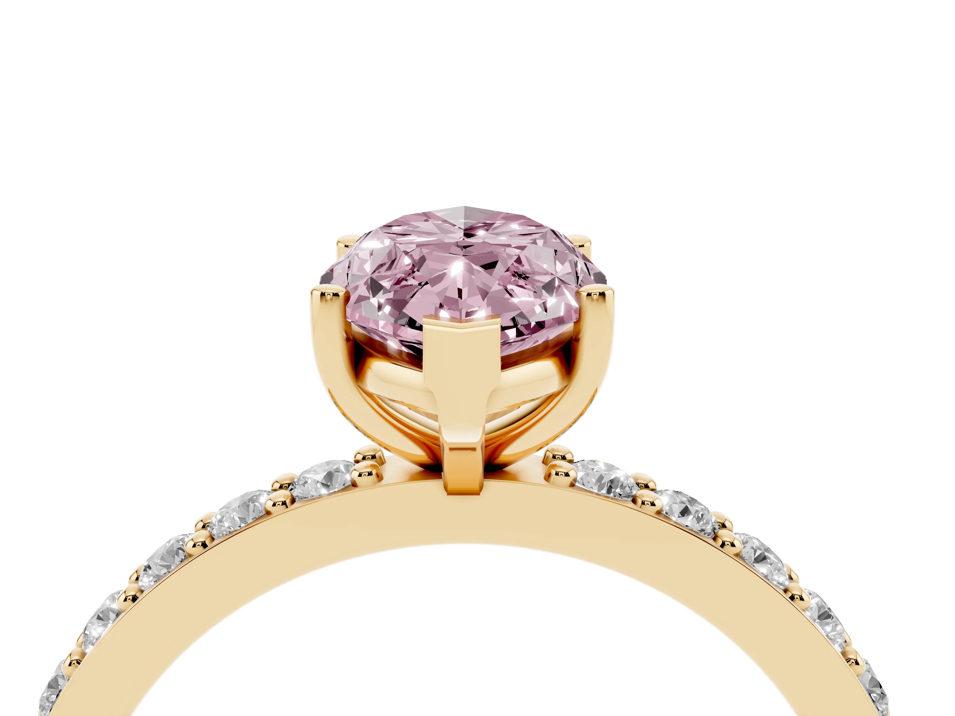 Fancy Pink Marquise Cut Diamond Solitaire Set in Yellow gold with Round Pavé Band and Prong Setting