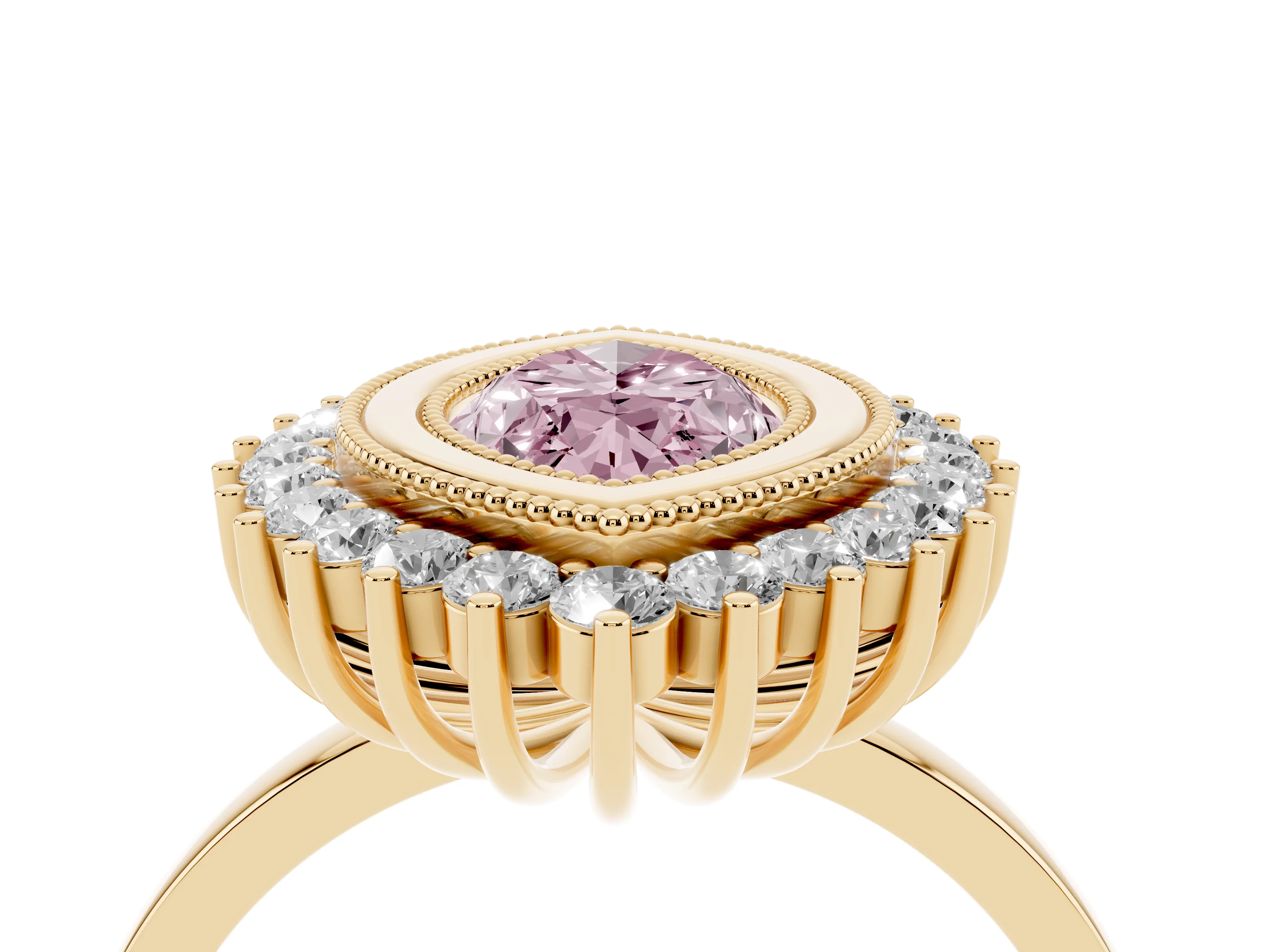 Fancy Pink Marquise Cut Diamond Halo Ring Set in Yellow gold with Milgrain Edge and Round Prong Setting