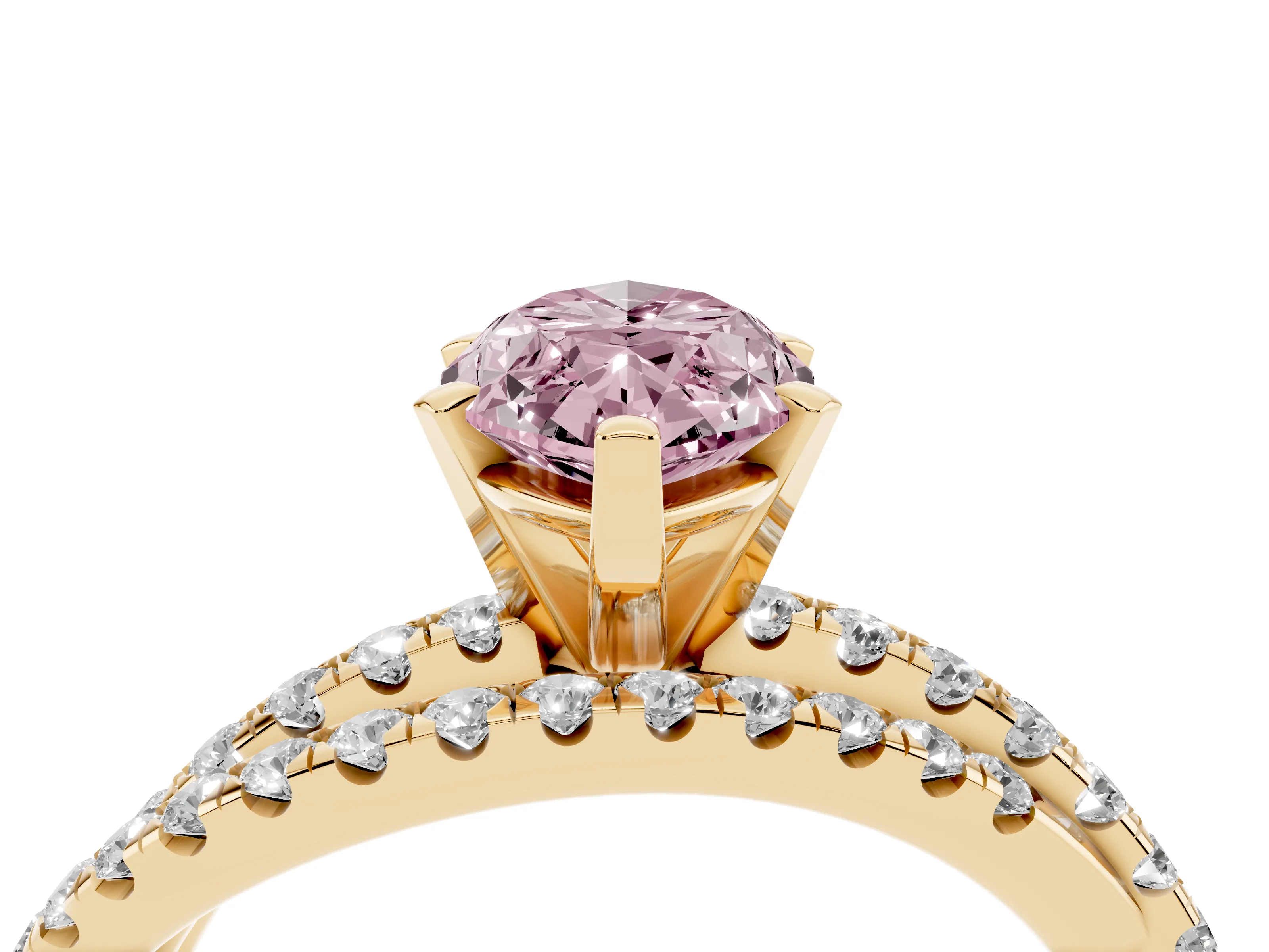 Fancy Pink Marquise Cut Diamond Solitaire Twist Band Ring Set in Yellow gold with Pavé Setting and Prong Head