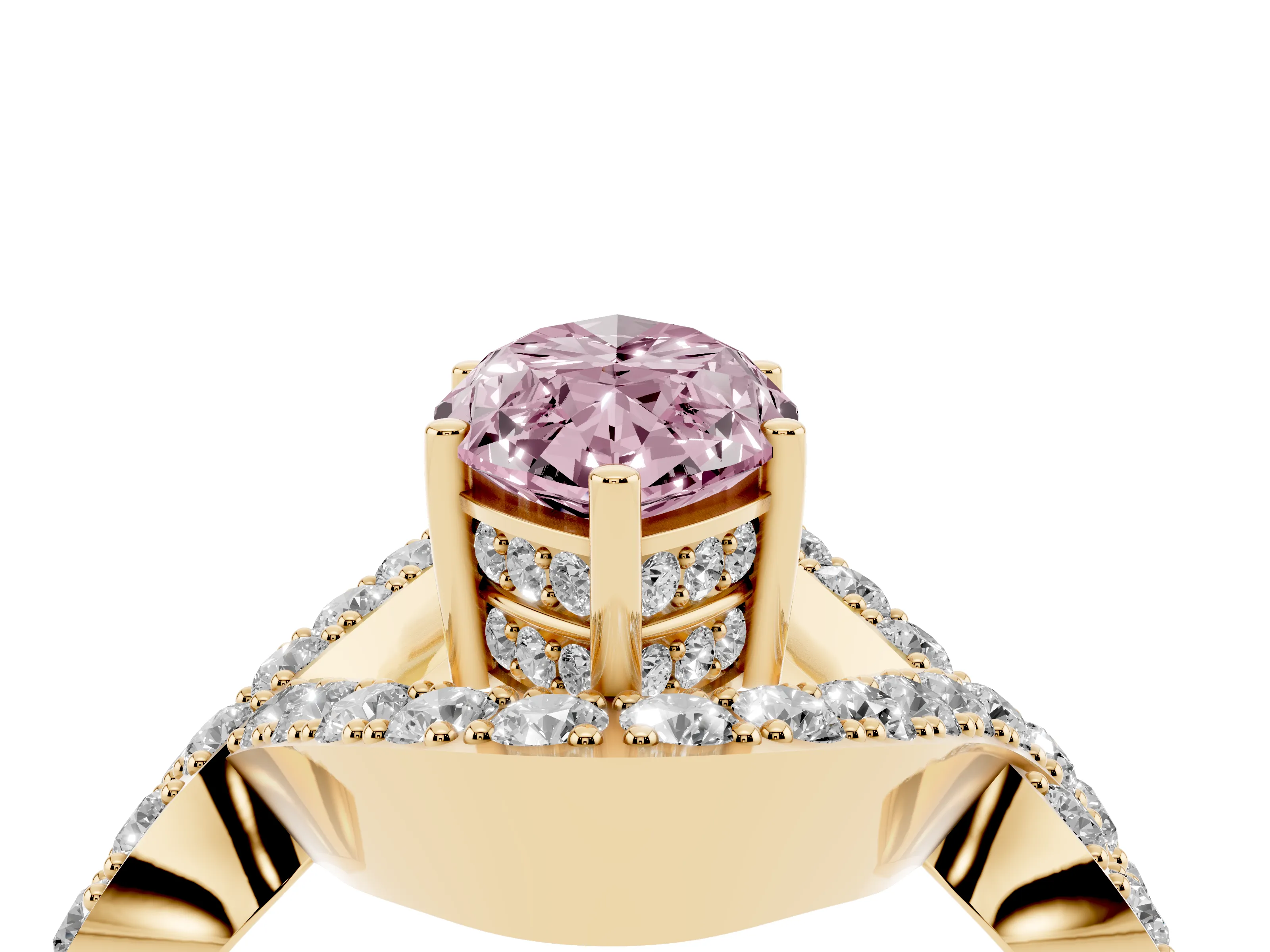 Fancy Pink Marquise Cut Diamond Solitaire Twist Band Pavé Engagement Ring Set in Yellow gold