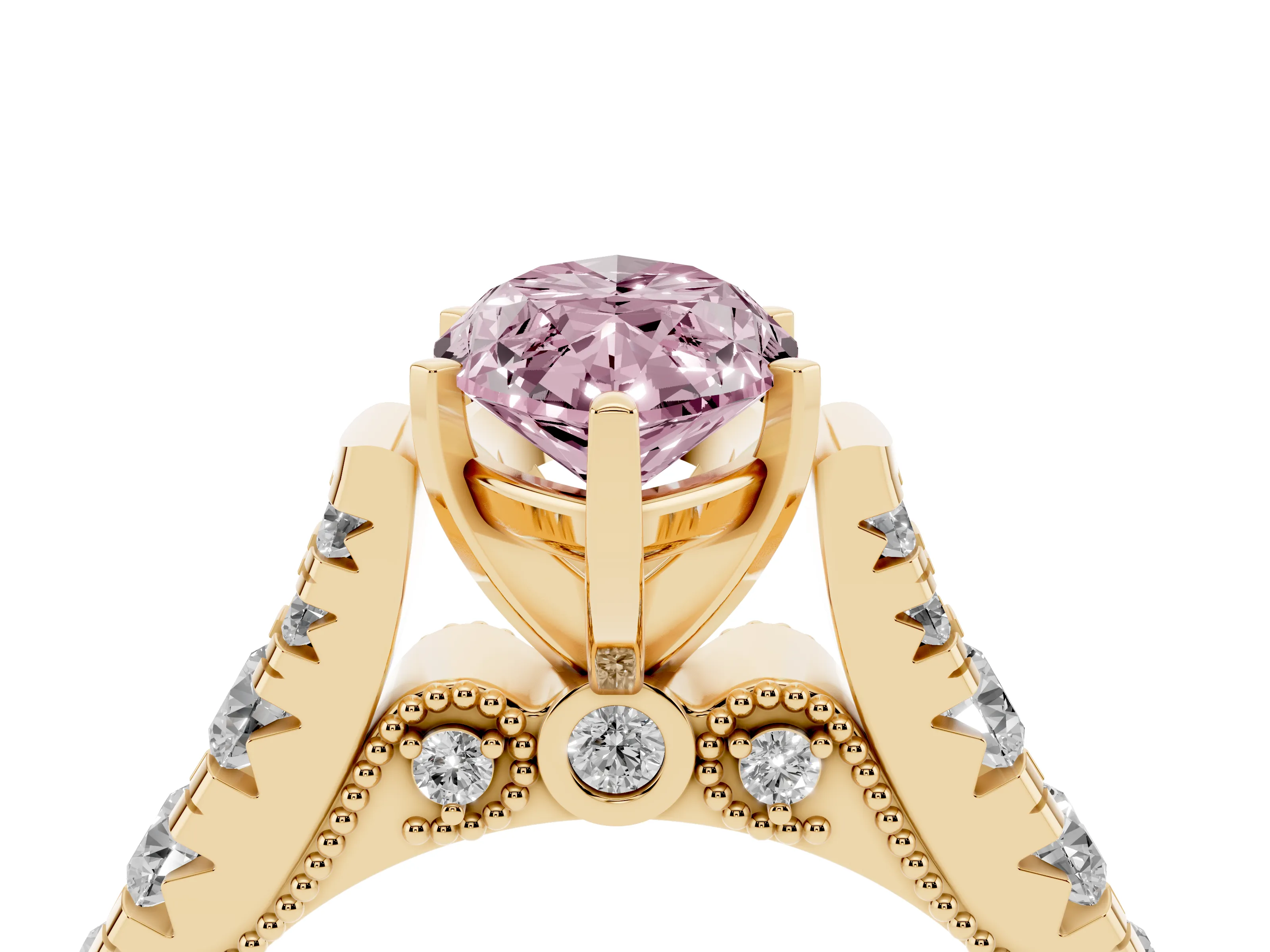 Fancy Pink Marquise Cut Diamond Classic Solitaire Ring Set in Yellow gold with Pavé Band and Prong Setting