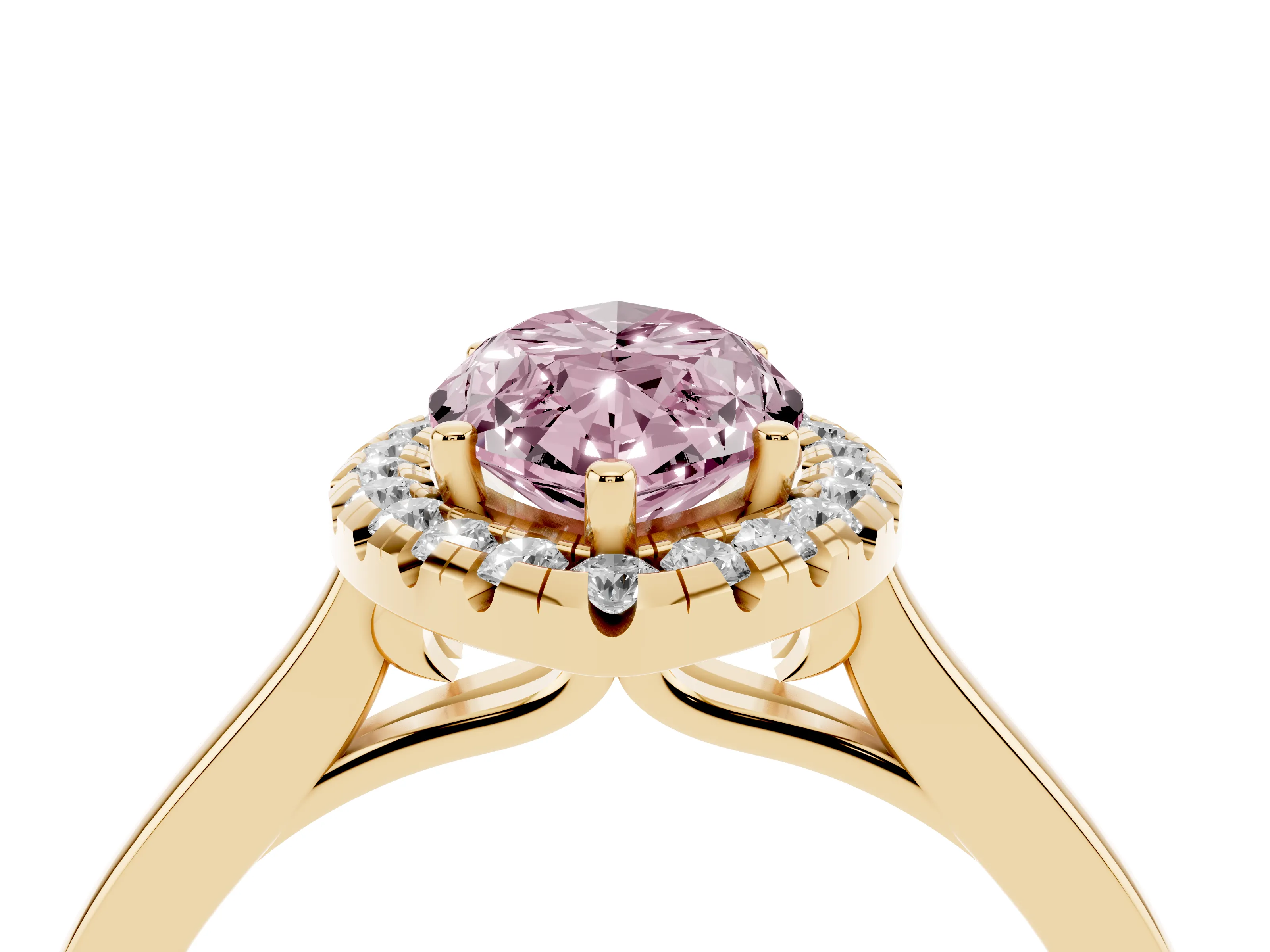 Fancy Pink Marquise Cut Halo Round Diamond Solitaire Ring Set in Yellow gold with Pavé Band and Prong Setting