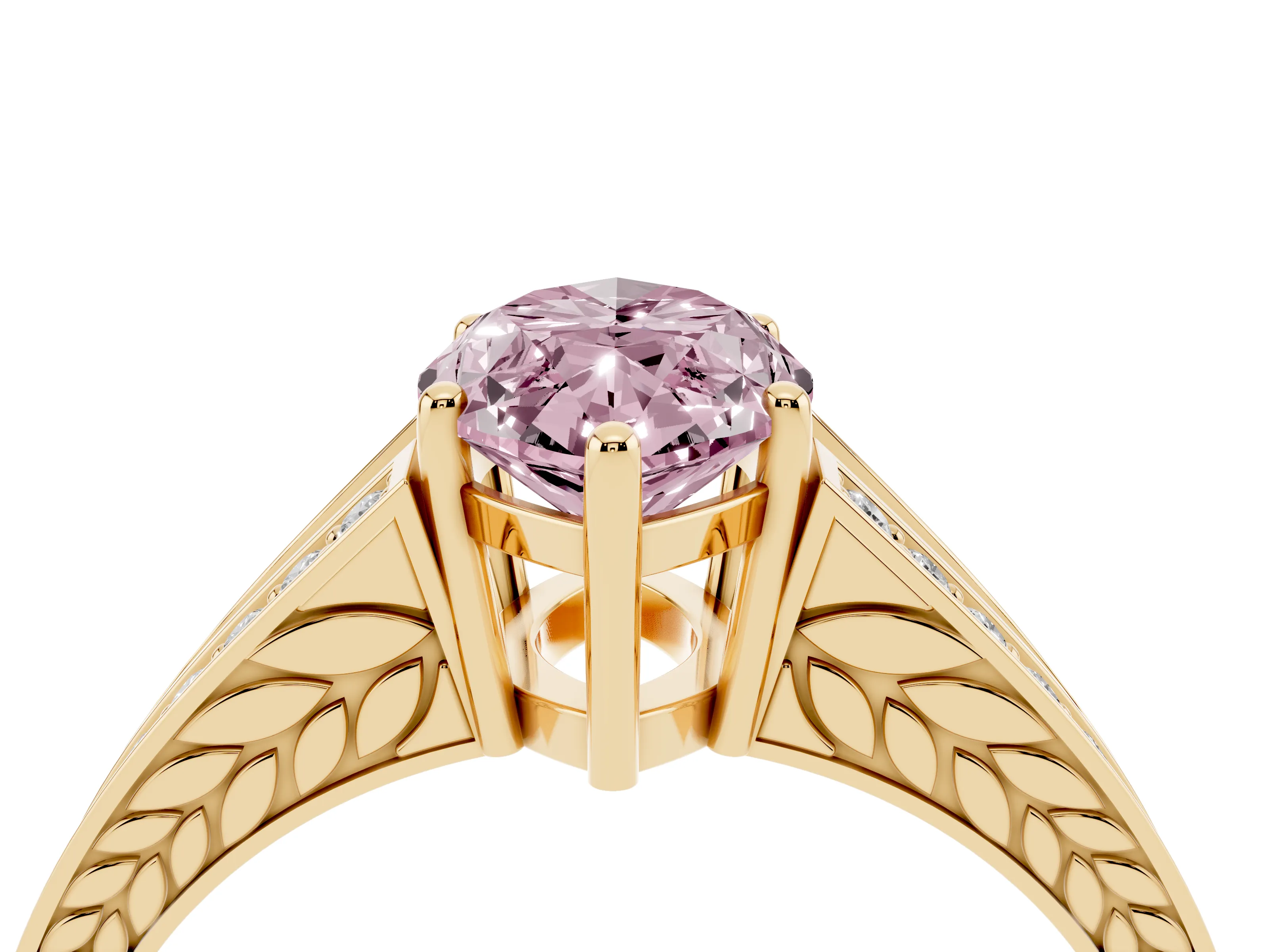 Fancy Pink Marquise Cut Diamond Split Shank Ring Set in Yellow gold with Pavé Band and Prong Setting