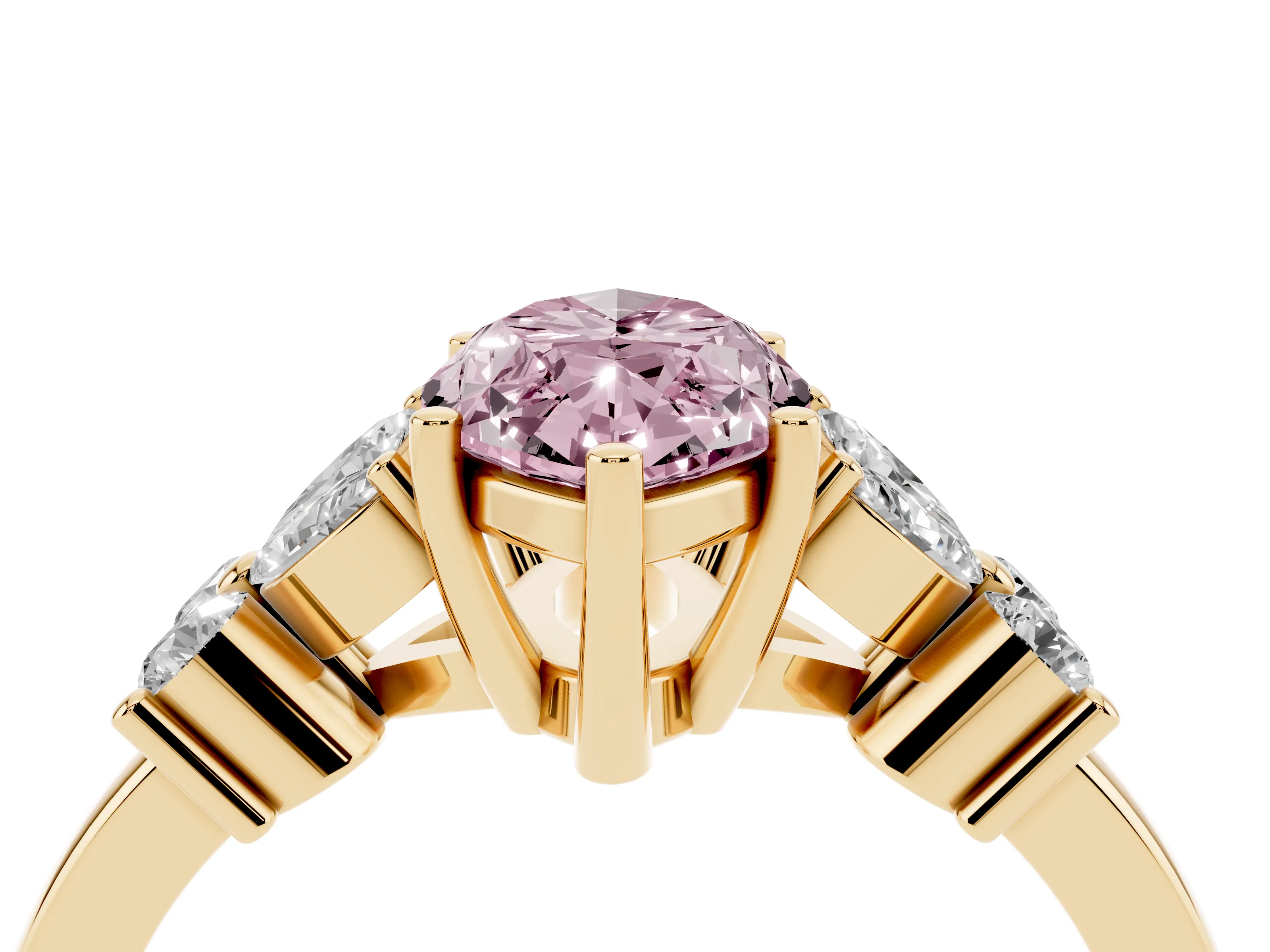 Fancy Pink Marquise Cut Diamond Floral Cluster Ring Set in Yellow gold with Marquise Petals and Prong Setting