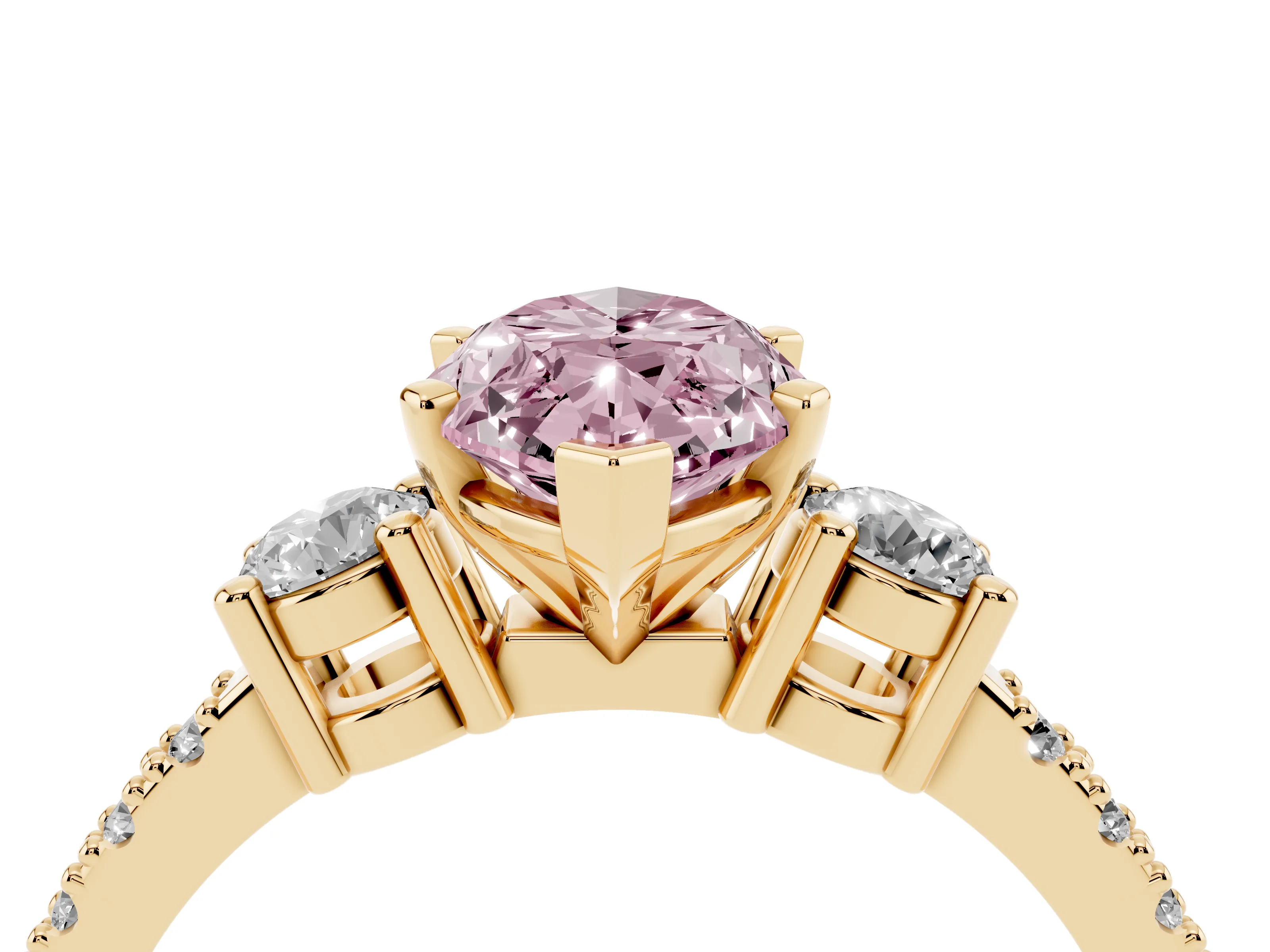Fancy Pink Three-Stone Marquise Cut Diamond Pavé Band Ring Set in Yellow gold with Prong Setting