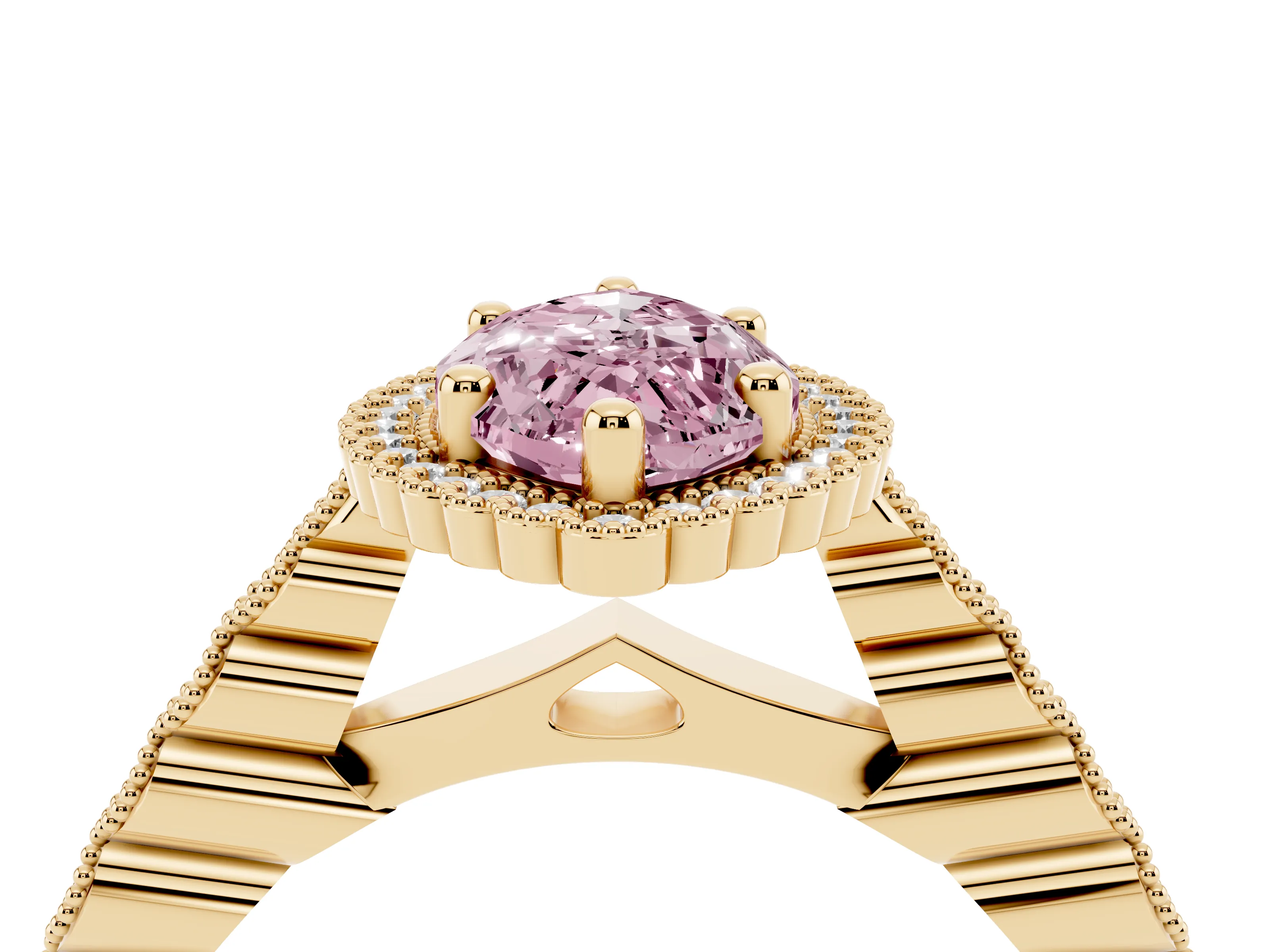Fancy Pink Marquise Cut Diamond Halo Ring Set in Yellow gold with Pavé Milgrain Band