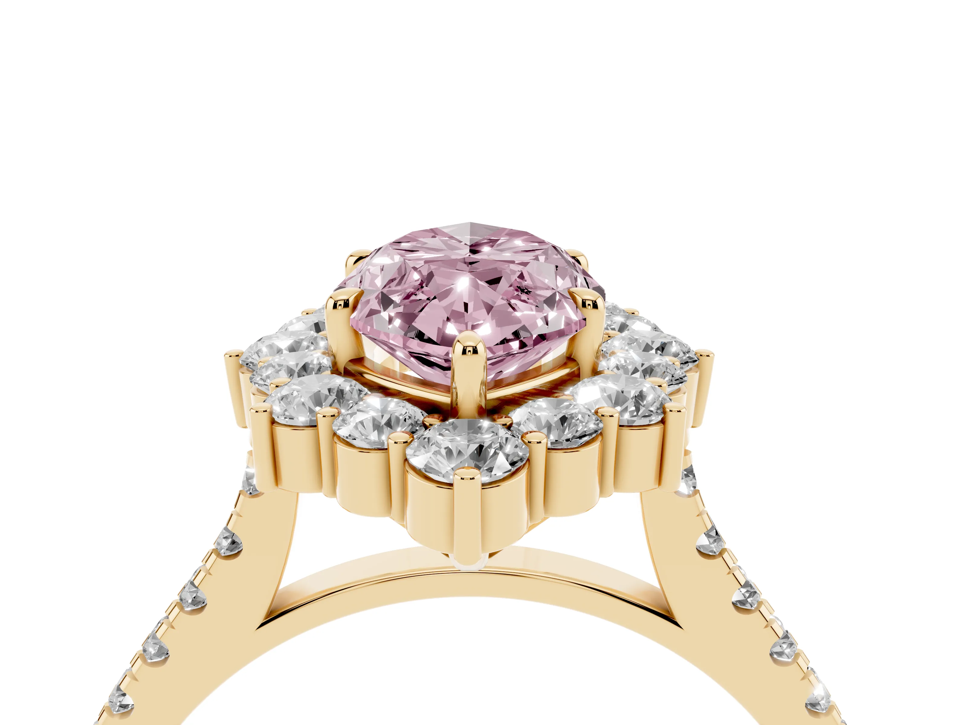 Fancy Pink Marquise Cut Diamond Halo Ring Set in Yellow gold with Pavé Band and Prong Setting