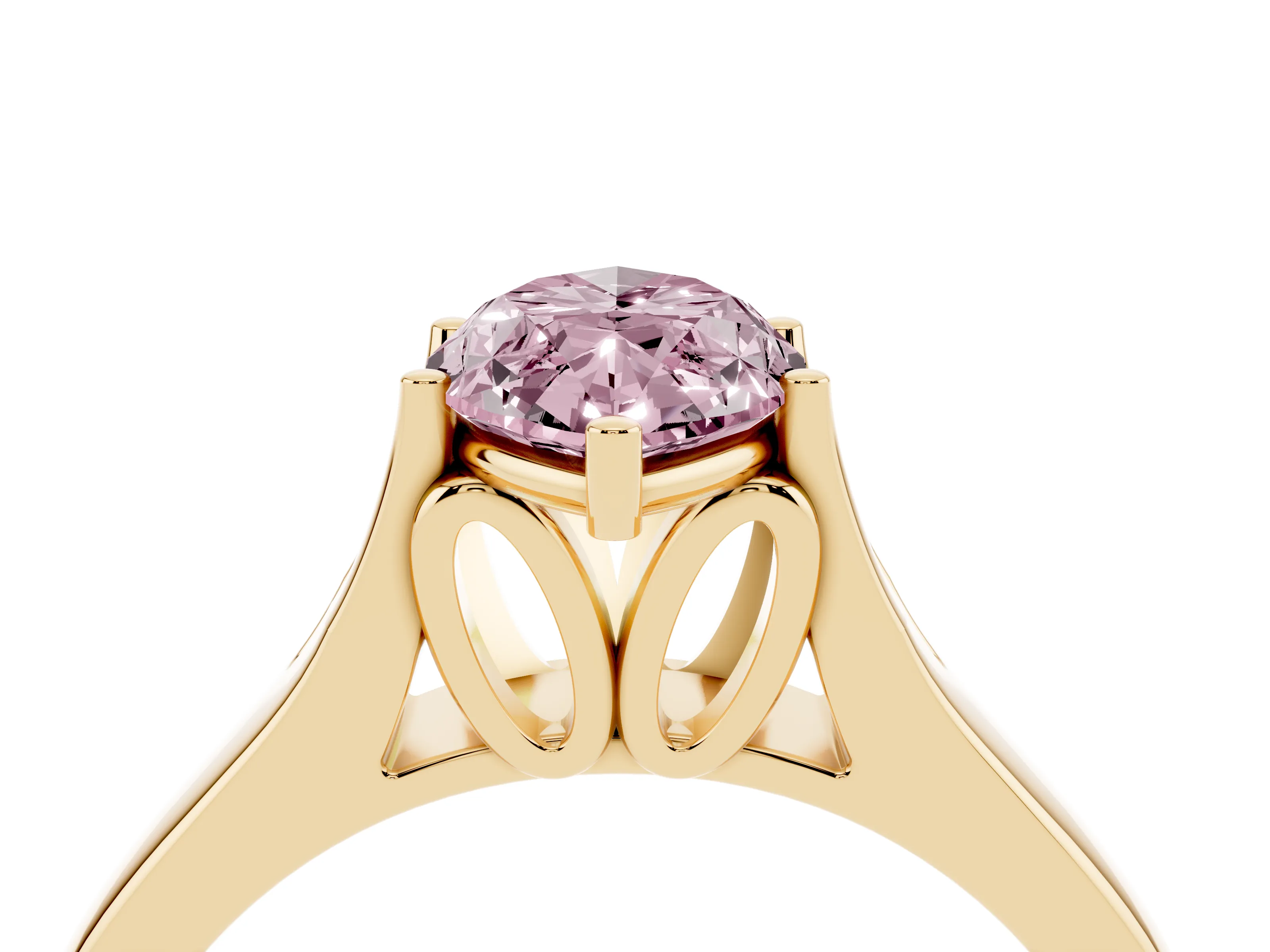 Fancy Pink Marquise Cut Diamond Solitaire Ring Set in Yellow gold with Arched Cathedral Band and Prong Setting