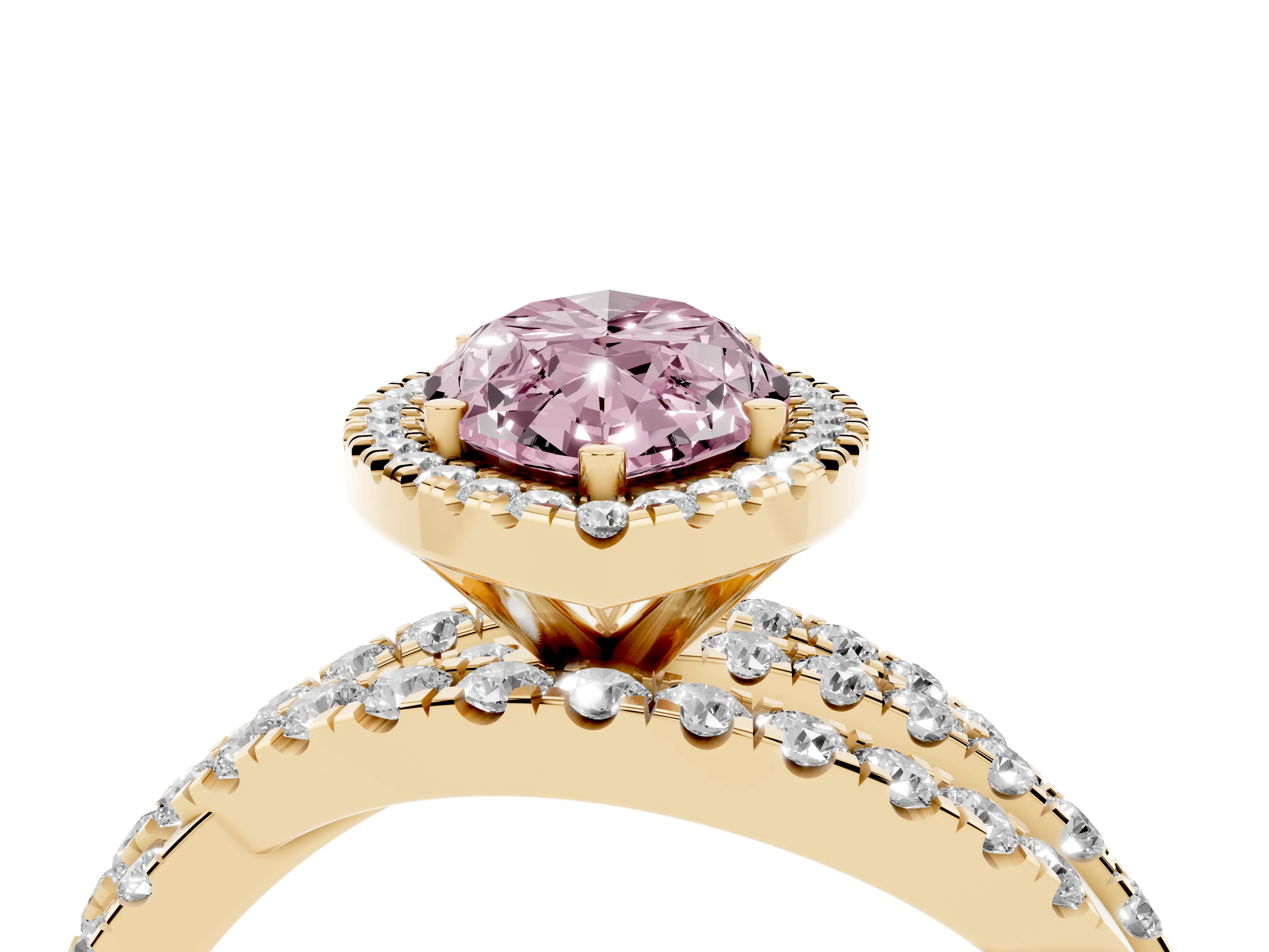 Fancy Pink Marquise Cut Diamond Halo Ring Set in Yellow gold with Round Crossover Split Shank and Prong Setting
