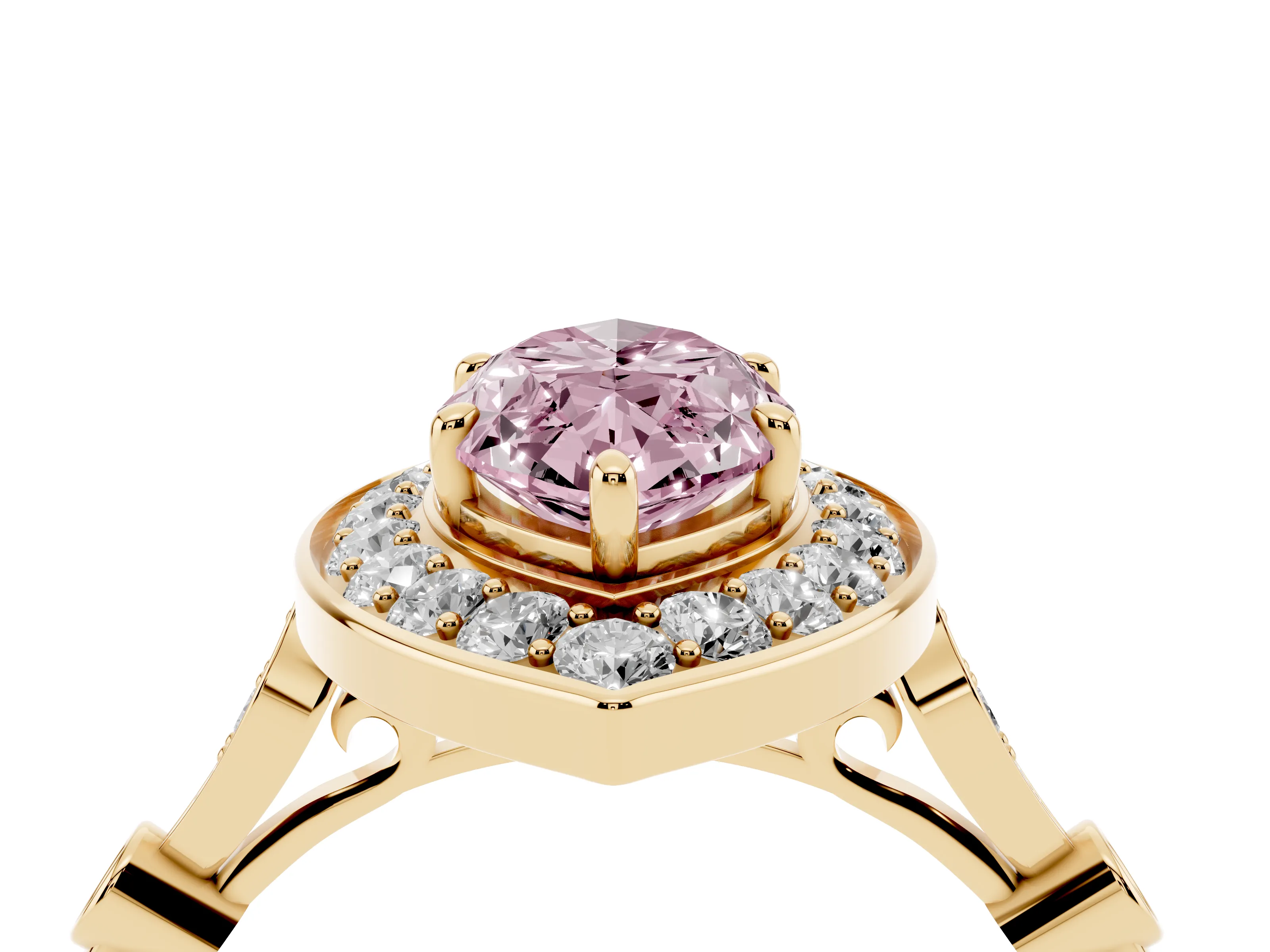 Fancy Pink Marquise Cut Diamond Halo Engagement Ring Set in Yellow gold with Twisted Band and Prong Setting
