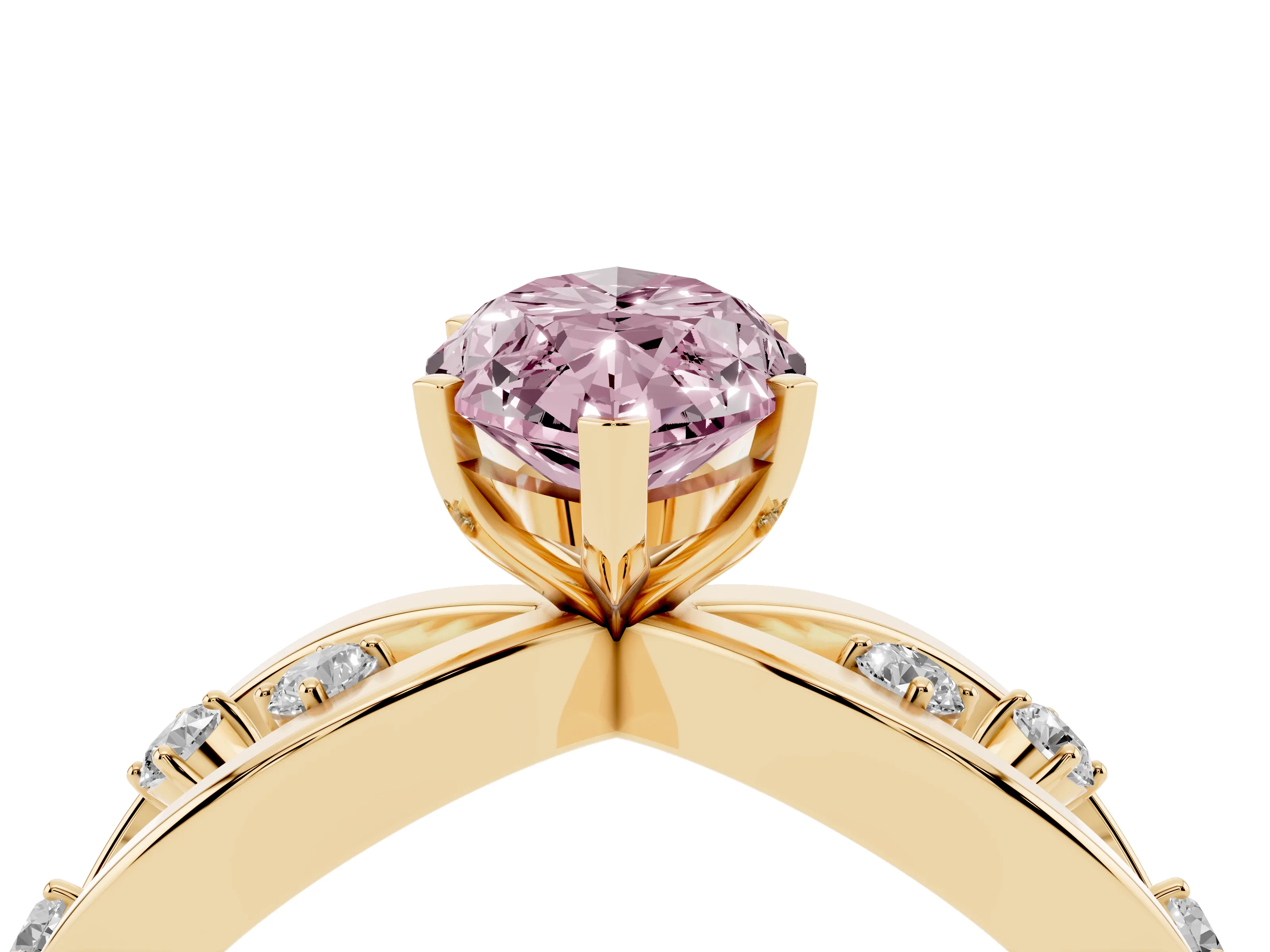 Fancy Pink Marquise Cut Diamond Solitaire Ring Set in Yellow gold with Side Stones on Criss-Cross Band and Prong Setting