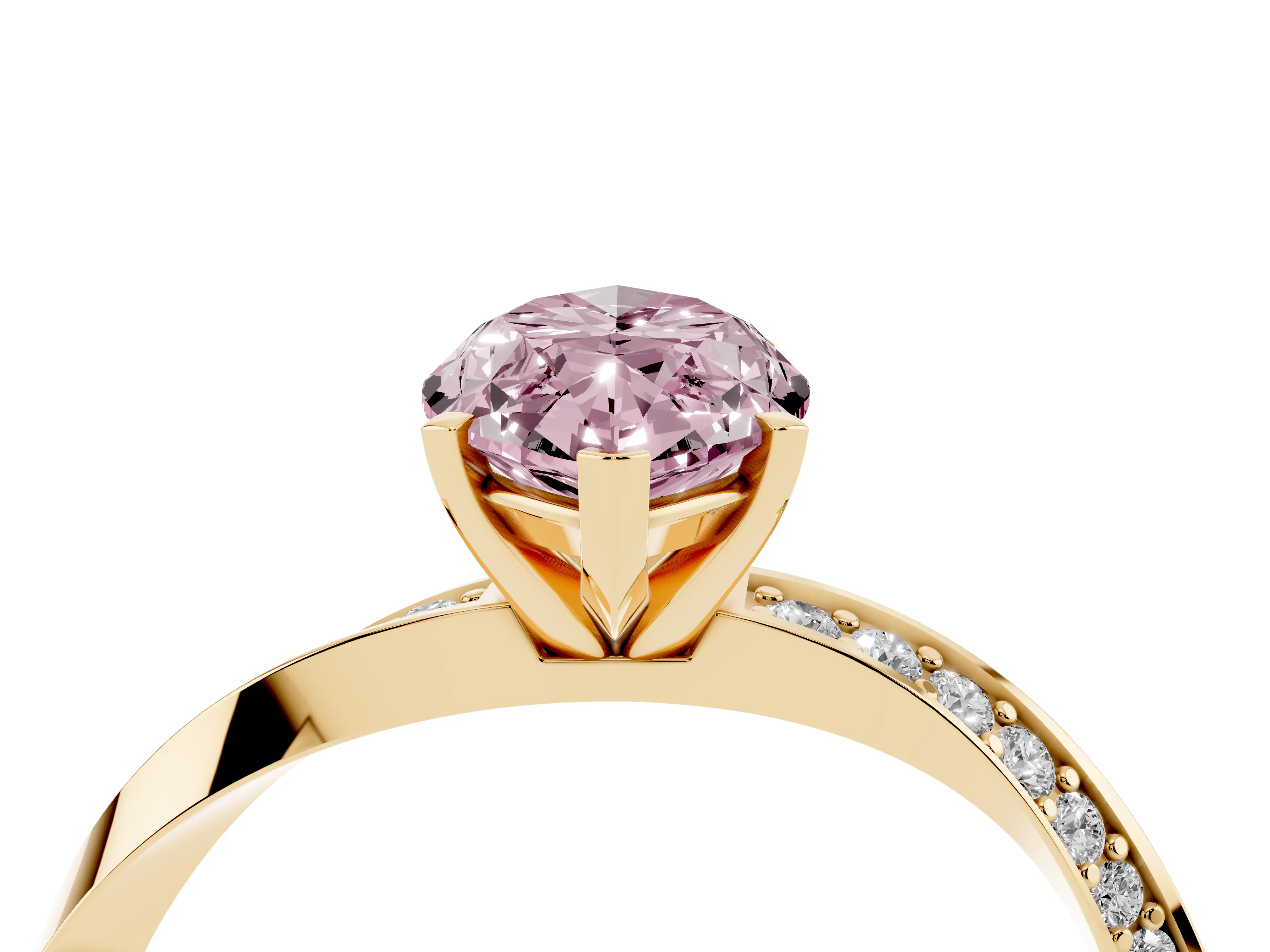 Fancy Pink Marquise Cut Diamond Engagement Ring Set in Yellow gold with Side Stone Accents and Prong Setting