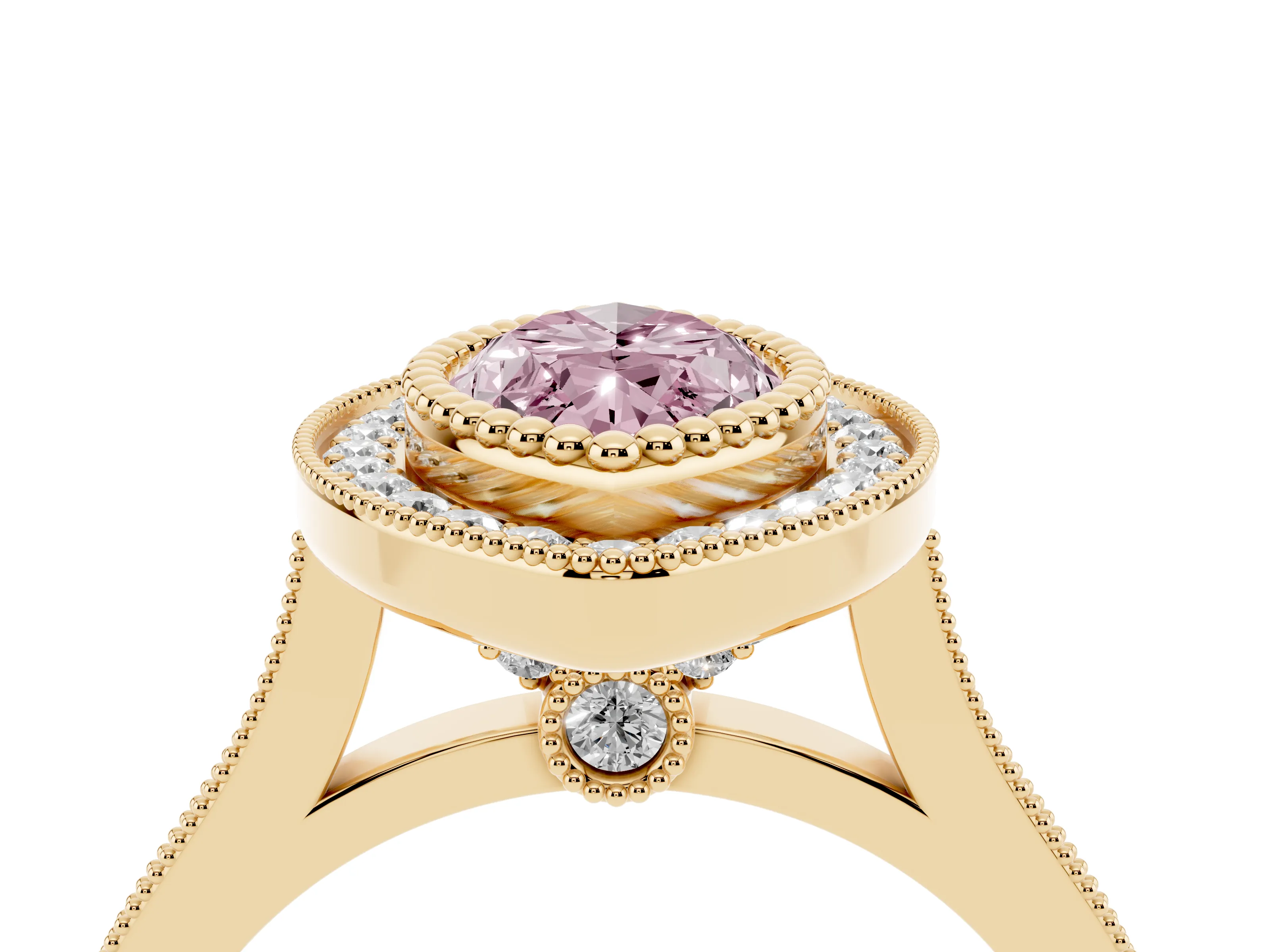Fancy Pink Marquise Cut Diamond Halo Ring Set in Yellow gold with Milgrain Frame and Pavé Band