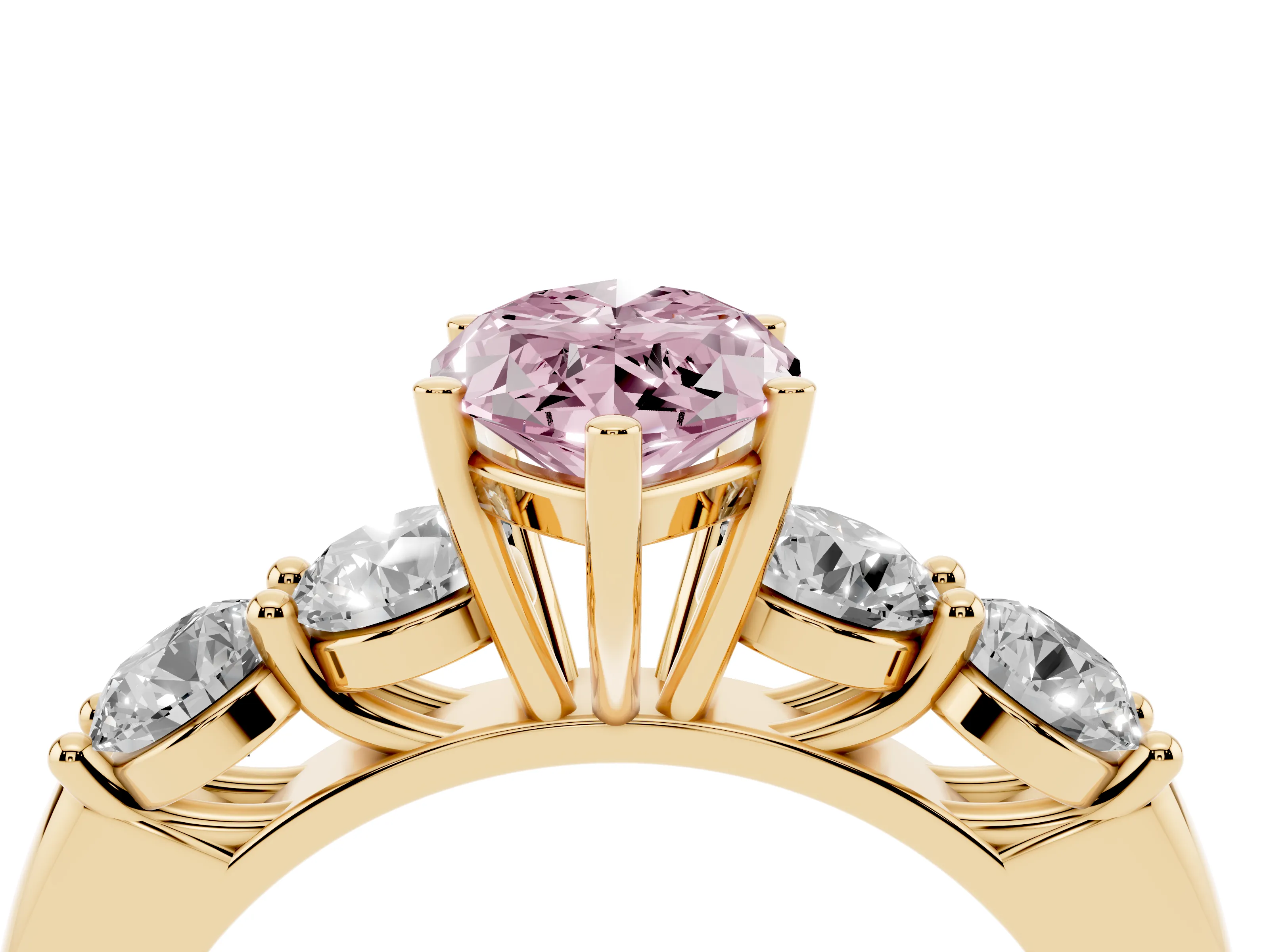 Fancy Pink Marquise Cut Diamond Five-Stone Prong Set Ring Set in Yellow gold with Classic Band